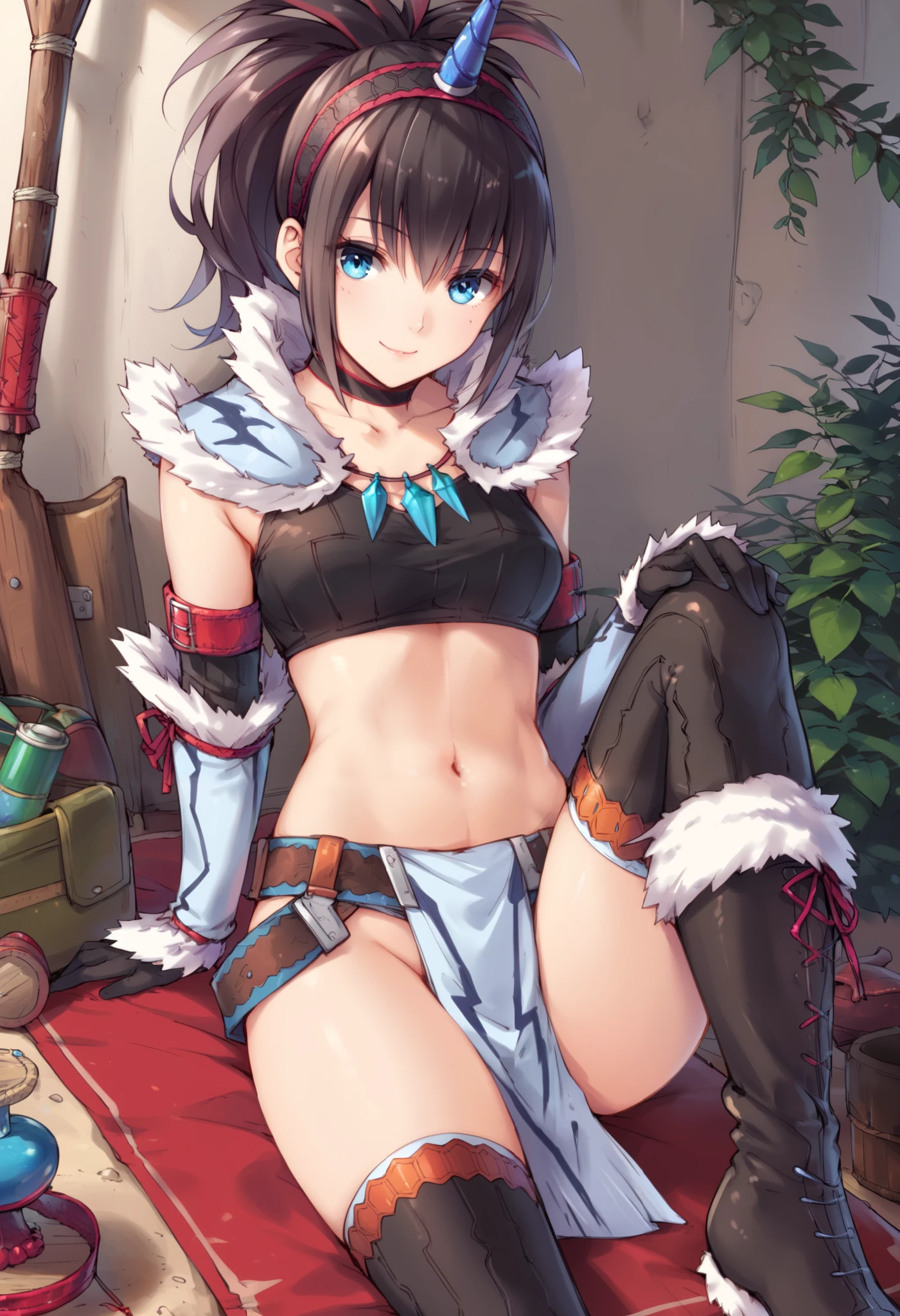 (score_9:0.9),score_8_up,score_7_up,rating_explicit,anime_style,(zPDXL),kirin beta armor,white single horn hairband,white detached sleeves,ung_girl,solo,blue eyes,looking at viewer,sitting,smile,plain_background,medium breasts,,closed mouth,collarbone,black bandeau,white loincloth,BLAKE,medium_breasts,white_knee_boots, camp, campdire,black_knee_highs ,white_tubetop,open_legs,(abs:0.7),(white_spiky_hair:1.4),white_chest_armor,white_fur_waste_armor,