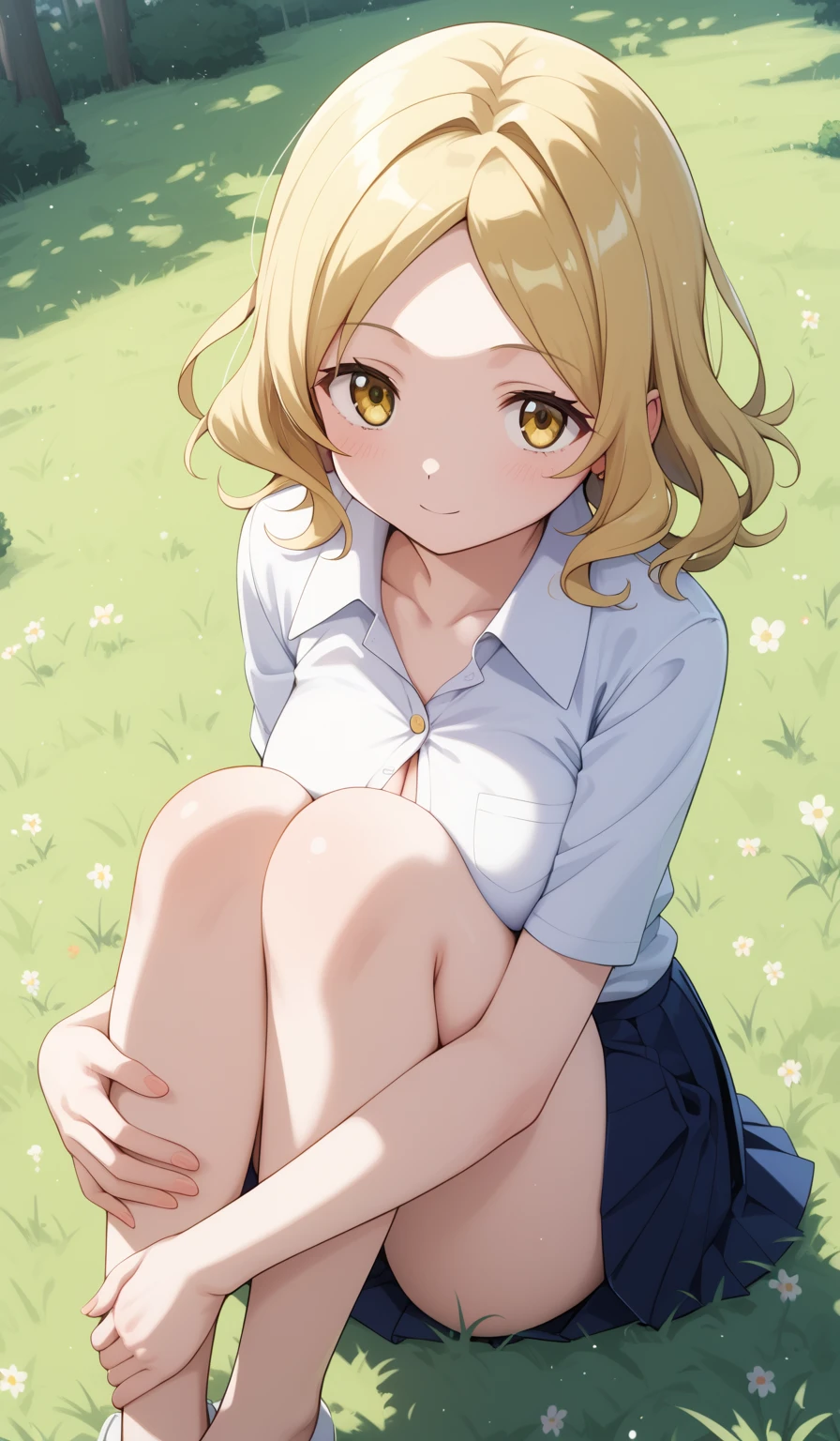 masterpiece, best quality, detailed beautiful face and eyes, very detailed background, Mami Tomoe, megami magazine, medium blonde hair, parted bangs, yellow eyes, large breasts, 1girl, sitting, hugging own legs, pleated black miniskirt, white button-up shirt, collarbone, grass