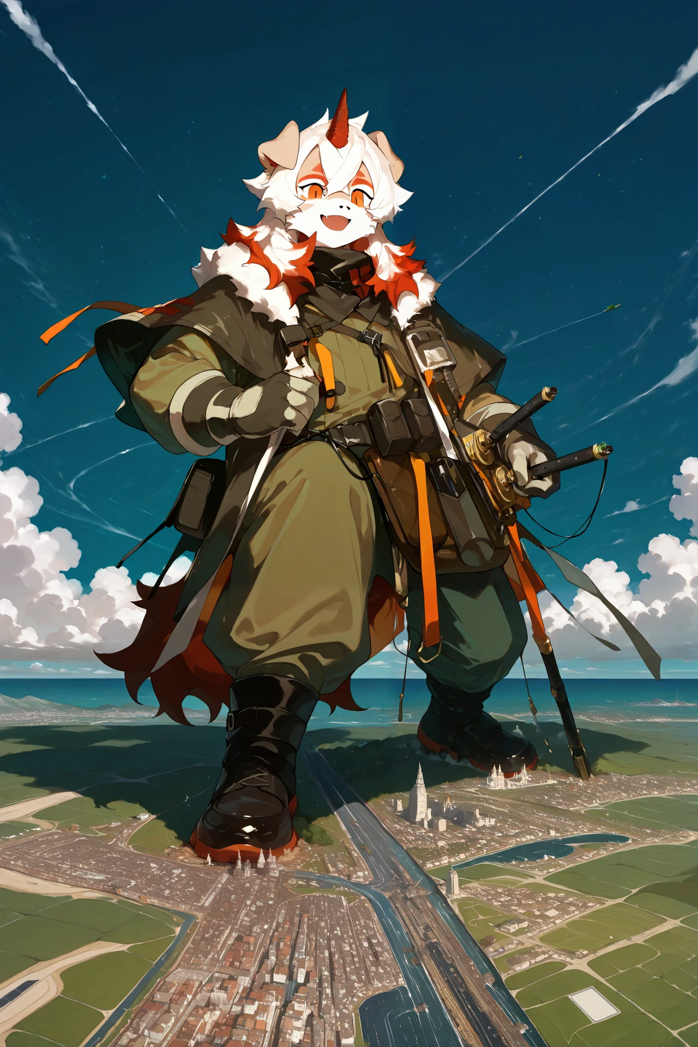 score_9, score_8_up, score_7_up, score_6_up, furry, anthro, solo, hung, perro, arknights, two-tone fur, medium hair, white hair, single horn, orange eyes,(macro size: 1.6), (a giant furry hung in a fantasy town: 1.1), describe image of a giant hung doing something in a fantasy town,
