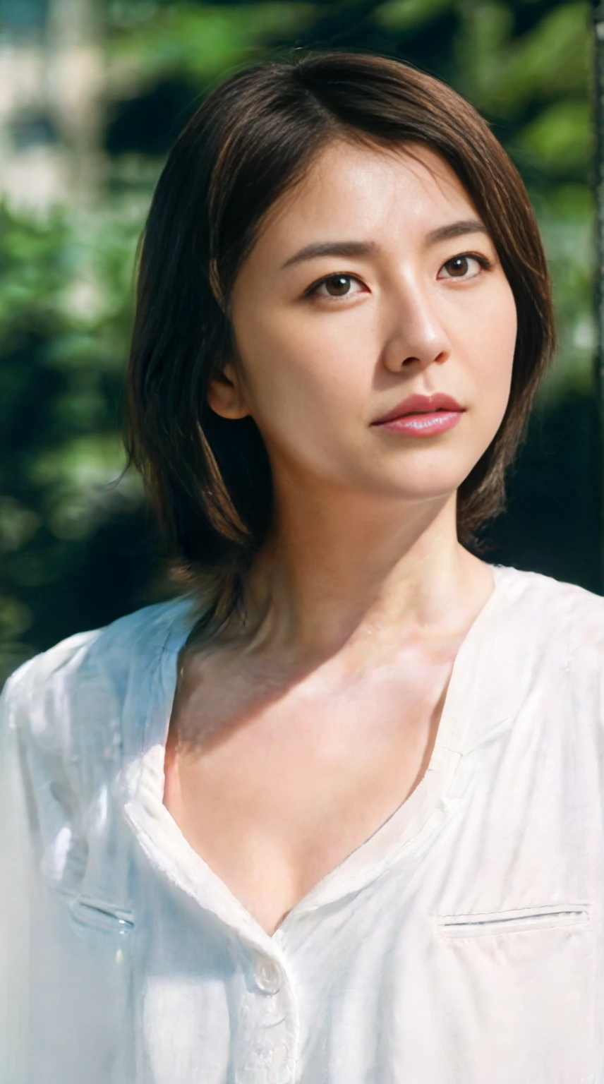 masterpiece,beautiful,extremely detailed,(ultra high res),(8k UHD best quality), (realistic, photo-realistic:1.37), depth_of,field, blurry_background, photo_inset,Dramatic lighting,reference_inset,photo_background,black eyes,photorealistic,looking_at_viewer,1girl,shiny skin,detailed skin,(((upper body))),(((white blouse))),Enchanting meadow with wildflowers,mari<lora:mari misato:1>