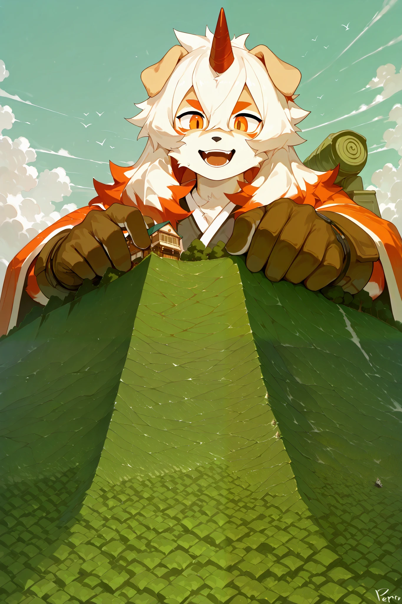 score_9, score_8_up, score_7_up, score_6_up, furry, anthro, solo, hung, perro, arknights, two-tone fur, medium hair, white hair, single horn, orange eyes,(macro size: 1.6), (a giant furry hung in a fantasy town: 1.1), describe image of a giant hung doing something in a fantasy town,Japanese Kimono