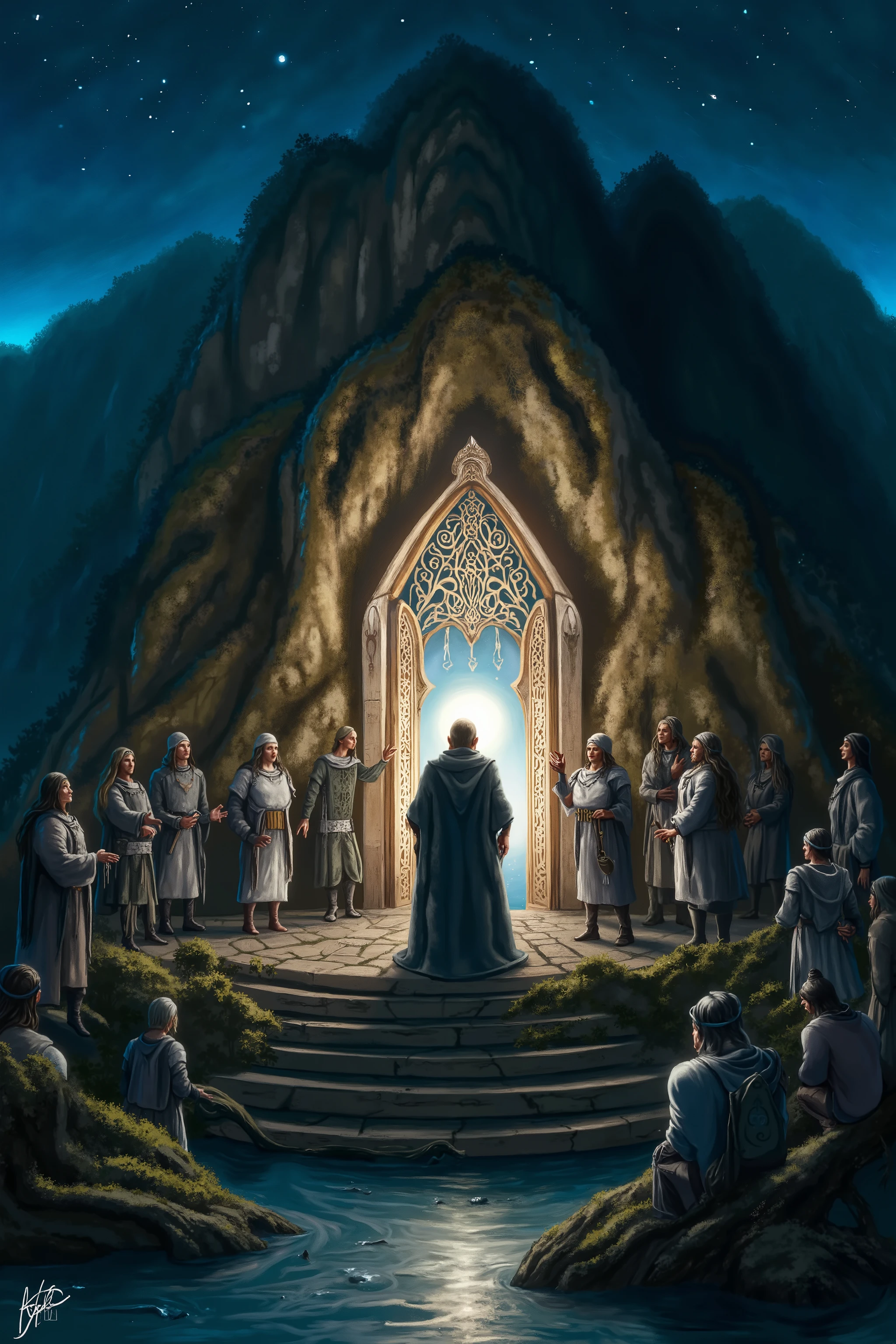 Create an image of an ancient, mystical stone door embedded in a mountainside, glowing with intricate Elven runes as it is activated by the word "Mellon." The door is framed by towering, weathered rock, with faint traces of ivy and moss creeping along its edges. Delicate silver lines form an elaborate design, including a crescent moon, trees, and a crown, all shining with an ethereal light.
Gandalf, cloaked and holding his staff, stands before the door, his face illuminated by the soft glow of the runes. The Fellowship stands behind him, some watching in awe, while others remain wary of what lies beyond. The night sky is deep and star-speckled, casting a quiet, mysterious atmosphere. The still water of the nearby lake reflects the door’s luminescence, adding to the scene’s sense of magic and ancient power.