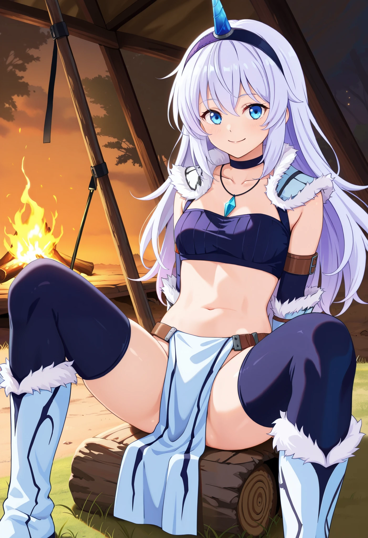 (score_9:0.9),score_8_up,score_7_up,rating_explicit,anime_style,(zPDXL),kirin beta armor,purple_single_horn_hairband,white detached sleeves,BLAKE,ung_girl,solo,blue eyes,looking at viewer,sitting,smile,plain_background,medium breasts,,closed mouth,collarbone,black bandeau,white loincloth,white_knee_boots, camp, campdire,black_knee_highs ,white_tubetop,open_legs,(abs:0.7),(white_spiky_hair:1.4),white_chest_armor,white_fur_waste_armor,