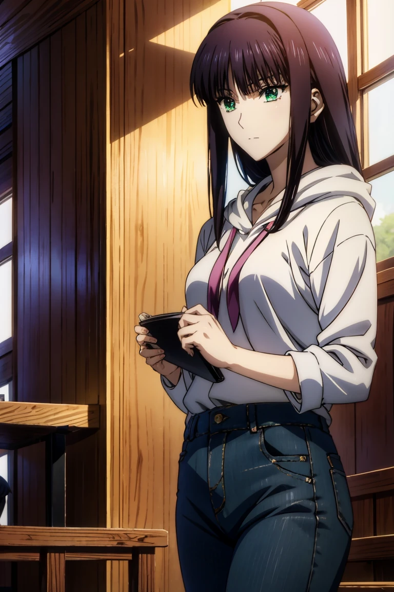 Anime Girl in a black shirt and jeans standing on a balcony - SeaArt AI