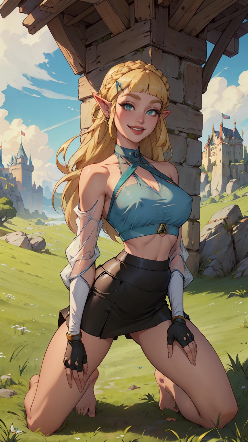 (Muscular:1.6), (thick thighs:1.7),
princess_zelda_aiwaifu, pointy ears, braid, hair ornament, hairclip, fingerless gloves, blue shirt, (halter top), crown braid, long sleeves, (blunt bangs:1.5), green eyes, sidelocks, thick eyebrows, (black pants, tight pants:1.3), (big smile:1.3), (long blonde hair:1.2),
(flat chest:1.9),
eyeshadow, lipstick,
looking at viewer, (from behind), sitting on the grass, kneeling,
rim lighting, detailed skin, detailed eyes, grassy field