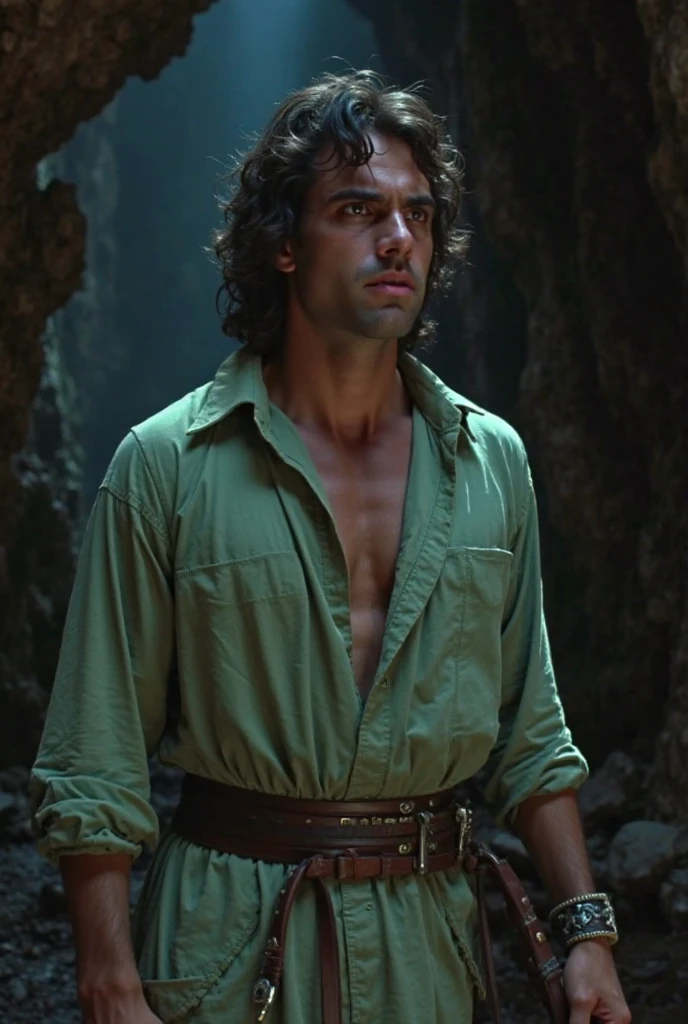 An illustrated movie poster, hand-drawn, full color, a male ranger, 28 years-old, resembles Gavin Leatherwood, wearing a linen tunic and a shemagh scarf, sun-tanned skin, stocky physique, deep brown eyes, wide bulbous nose, black hair, curly hair, thick bushy eyebrows, extremely hairy chest, stomach, and arms, lots of body hair, posing in a tropical rainforest, hard shadows, graphite shading, stencil markings, airbrushed acrylic paint, masterpiece, in the style of Lord of the Rings