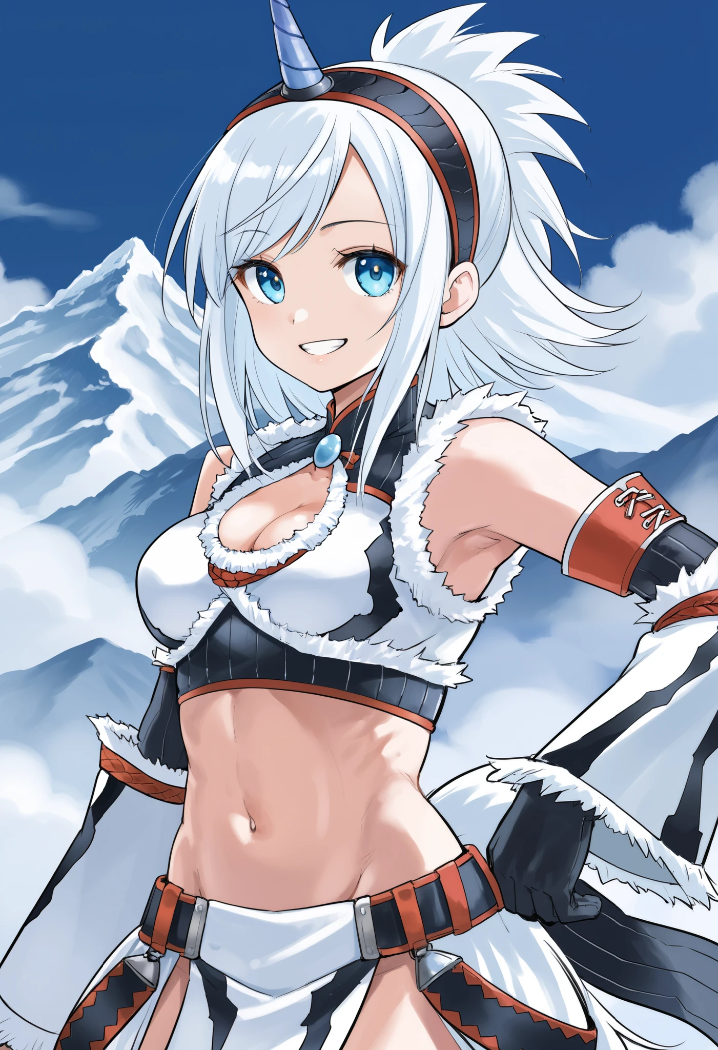 ( score_9:0.9), score_8_up, score_7_up,rating_safe, anime style,(zPDXL), Armor , ung_girl, Alone, purple_horn Hairband, Blue Eyes, , belly button,large_breasts, white loincloth, white kimono sleeve , smile, mountain background, monochrome, white bandeau, armpit,raise_arm,(abs:0.6),smile,spiky_bangs