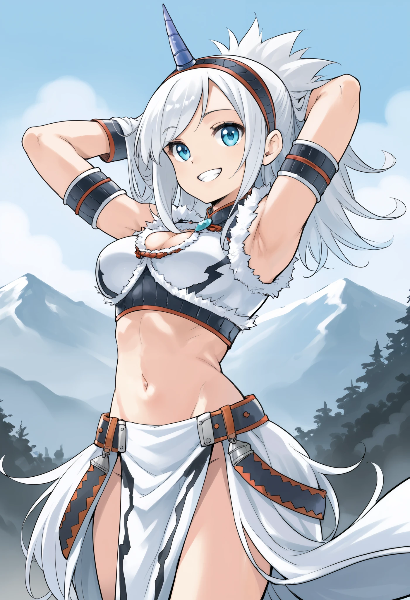 ( score_9:0.9), score_8_up, score_7_up,rating_safe, anime style,(zPDXL), Armor , ung_girl, Alone, purple_horn Hairband, Blue Eyes, , belly button,large_breasts, white loincloth, white kimono sleeve , smile, mountain background, monochrome, white bandeau, armpit,raise_arm,(abs:0.6),smile,spiky_bangs
