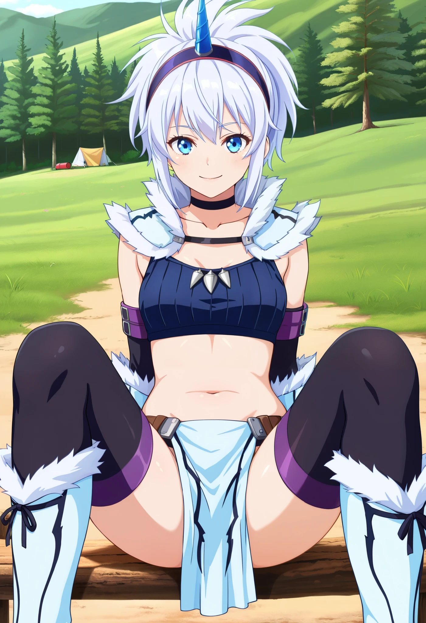 (score_9:0.9),score_8_up,score_7_up,rating_explicit,anime_style,(zPDXL),kirin beta armor,purple_single_horn_hairband,white detached sleeves,BLAKE,ung_girl,solo,blue eyes,looking at viewer,sitting,smile,plain_background,medium breasts,,closed mouth,collarbone,black bandeau,white loincloth,white_knee_boots, camp, campdire,black_knee_highs ,white_tubetop,open_legs,(abs:0.7),(white_spiky_hair:1.4),white_chest_armor,white_fur_waste_armor,