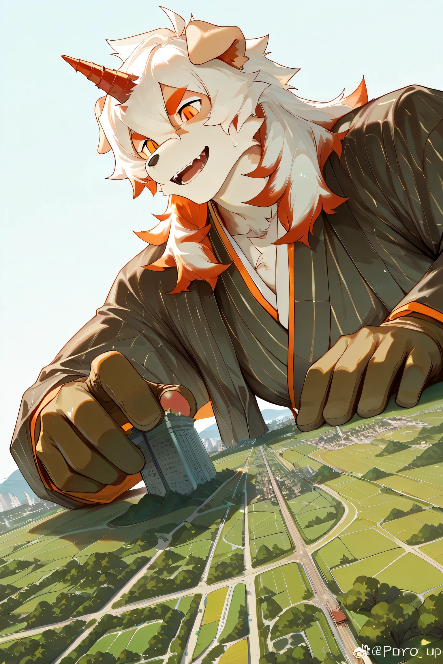 score_9, score_8_up, score_7_up, score_6_up, furry, anthro, solo, hung, perro, arknights, two-tone fur, medium hair, white hair, single horn, orange eyes,(macro size: 1.6), (a giant furry hung in a fantasy town: 1.1), describe image of a giant hung doing something in a fantasy town,Japanese Kimono