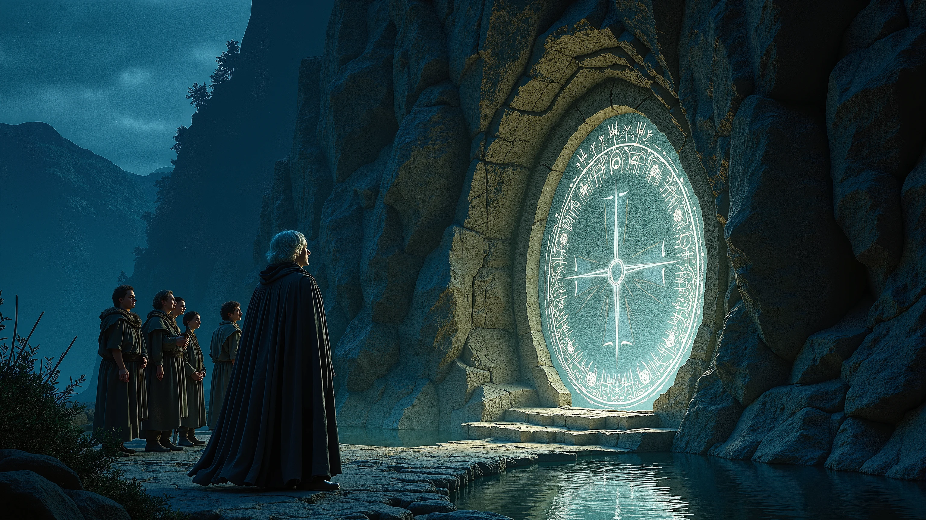 Create a cinematic photorealistic image of an ancient, mystical stone door embedded in a mountainside, glowing with intricate Elven runes as it is activated by the word "Mellon." The door is framed by towering, weathered rock, with faint traces of ivy and moss creeping along its edges. Delicate silver lines form an elaborate design, including a crescent moon, trees, and a crown, all shining with an ethereal light.

Gandalf, cloaked and holding his staff, stands before the door, his face illuminated by the soft glow of the runes. Behind him, the remaining Fellowship of eight companions—including four hobbits—watches intently. Frodo, Sam, Merry, and Pippin stand close together, their expressions a mix of wonder and unease. Aragorn and Boromir remain alert, while Legolas, Gimli, and a wary-looking Gandalf focus on the doorway. The night sky is deep and star-speckled, casting a quiet, mysterious atmosphere. The still water of the nearby lake reflects the door’s luminescence, adding to the scene’s sense of magic and ancient power.