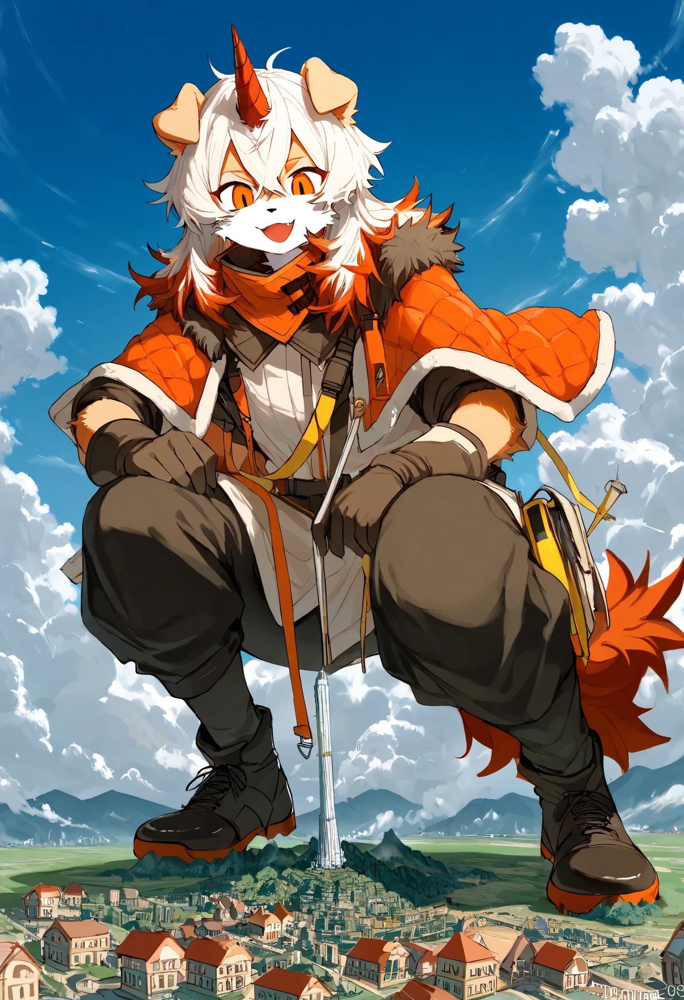 score_9, score_8_up, score_7_up, score_6_up, furry, anthro, solo, hung, perro, arknights, two-tone fur, medium hair, white hair, single horn, orange eyes,(macro size: 1.6), (a giant furry hung in a fantasy town: 1.1), describe image of a giant hung doing something in a fantasy town,