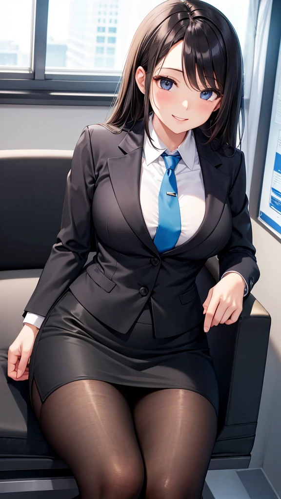 a woman in a suit sitting in a chair and in heels as she is showing thigh, leg and butt region, 1girl, solo, glasses, pantyhose, breasts, brown hair, necktie, skirt, large breasts, desk, pencil skirt