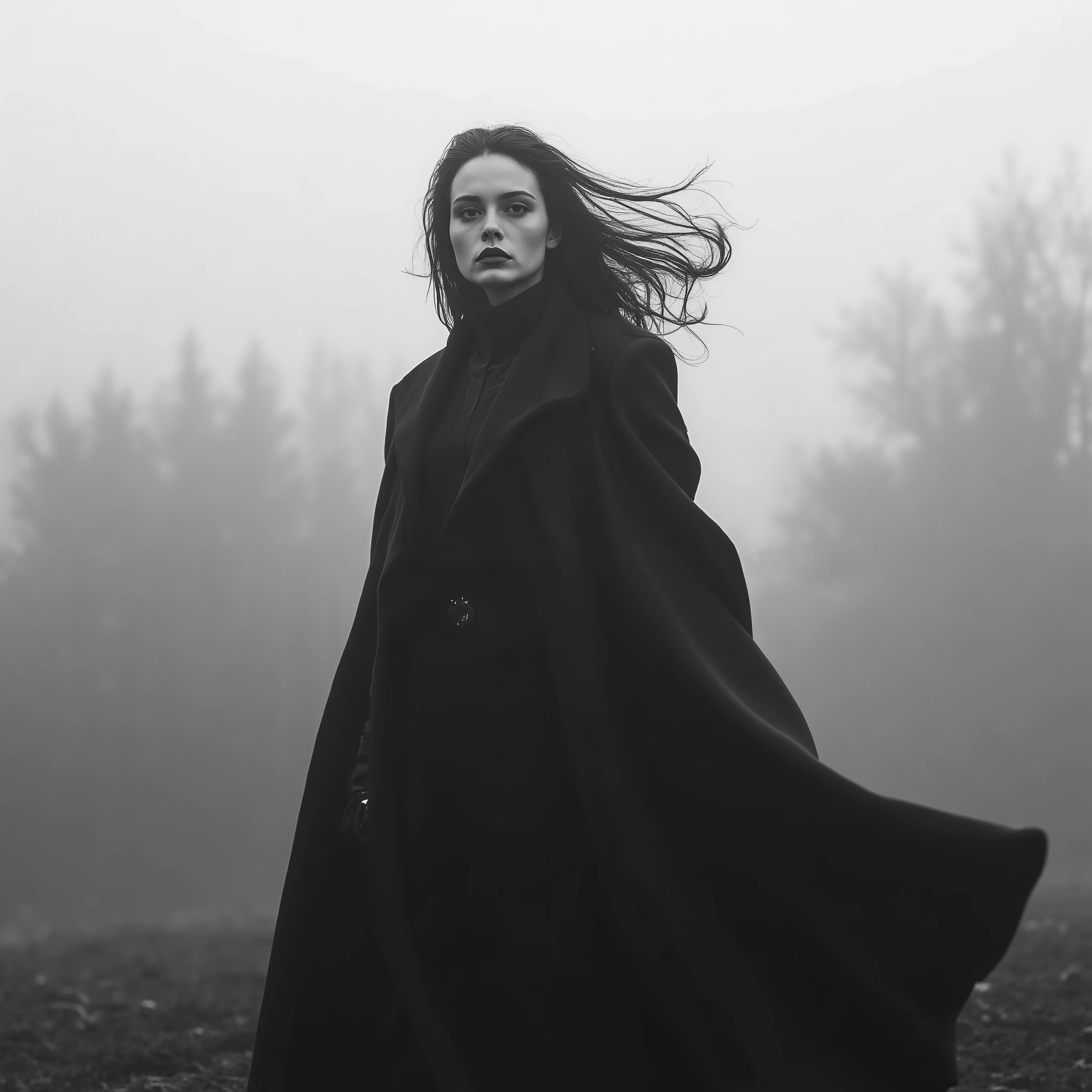 Cinematic photography, a woman in a voluminous black coat standing in an open field with misty trees in the background, her hair flowing dramatically in the wind, black and white aesthetic, soft diffused lighting creating a melancholic and introspective atmosphere, blurred background enhancing depth, high contrast between dark clothing and foggy landscape, evoking a mysterious and emotional mood.