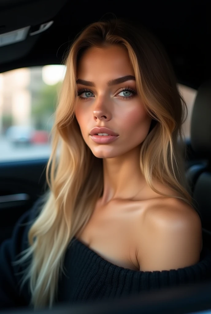 18 year old blonde woman in beautiful dress, medium breasts, mole on chest, green eyes, posing for instagram next to a fancy lexus car smiling at the camera, deep and eager look