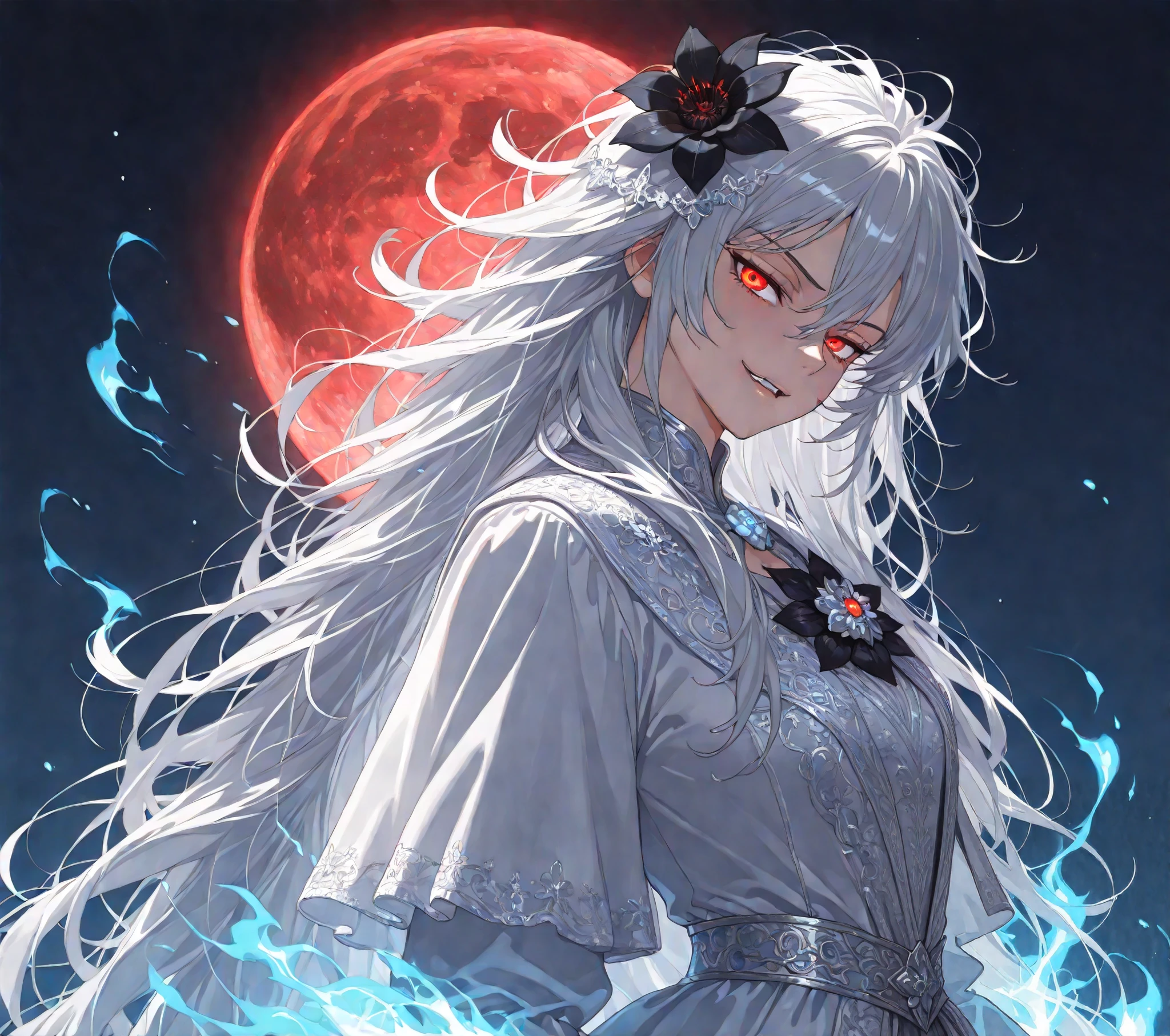 (upper body shot, close up shot, solo:1.7),magic circle,magic array, detailxl, Anime illustration, detailed anime artstyle, cinematic, volumetric lighting, clear sky, evening, cold light, colorful, light reflection, (head tilt, looking over her shoulder, teasing, lidded eyes, flirty, romantic, princess clothes, french, musketeer, royalty, manwha, sultry, (standing, dynamic pose:1.1):1.5), (glaring at viewer, side eye side profile, from the side, looking up, head tilted upwards:1.6), fotoshoot, model, (1girl:1.18), young, adolescent, detailed skin, extremely detailed eyes, dynamic pose, crimson eyes, glowing eyes, (very long hair, (messy hair, wild hair:1.74), hair in front of eye:1.2), (flower brooch in her hair, cosmic flowers, aura flowers:1.66), crazy eyes, soft smirk, (black flower, blue glow, blue aura:1.33), moon, lunar power, open mouth, (white hair, gray hair, shining hair:1.3), crazy smile, crazy laugh, (tsurime:1.3), (white ornate french dress:1.7), asymmetrical epaulette, capelet, ornate dress, assassin's creed, assassin armor, assassin, carapace armour, black trimming, black highlights, (reaper, demonic clothes:1.1), (magical aura, magical energycasting blood magic, blood mage:1.3), red moon, blood bath