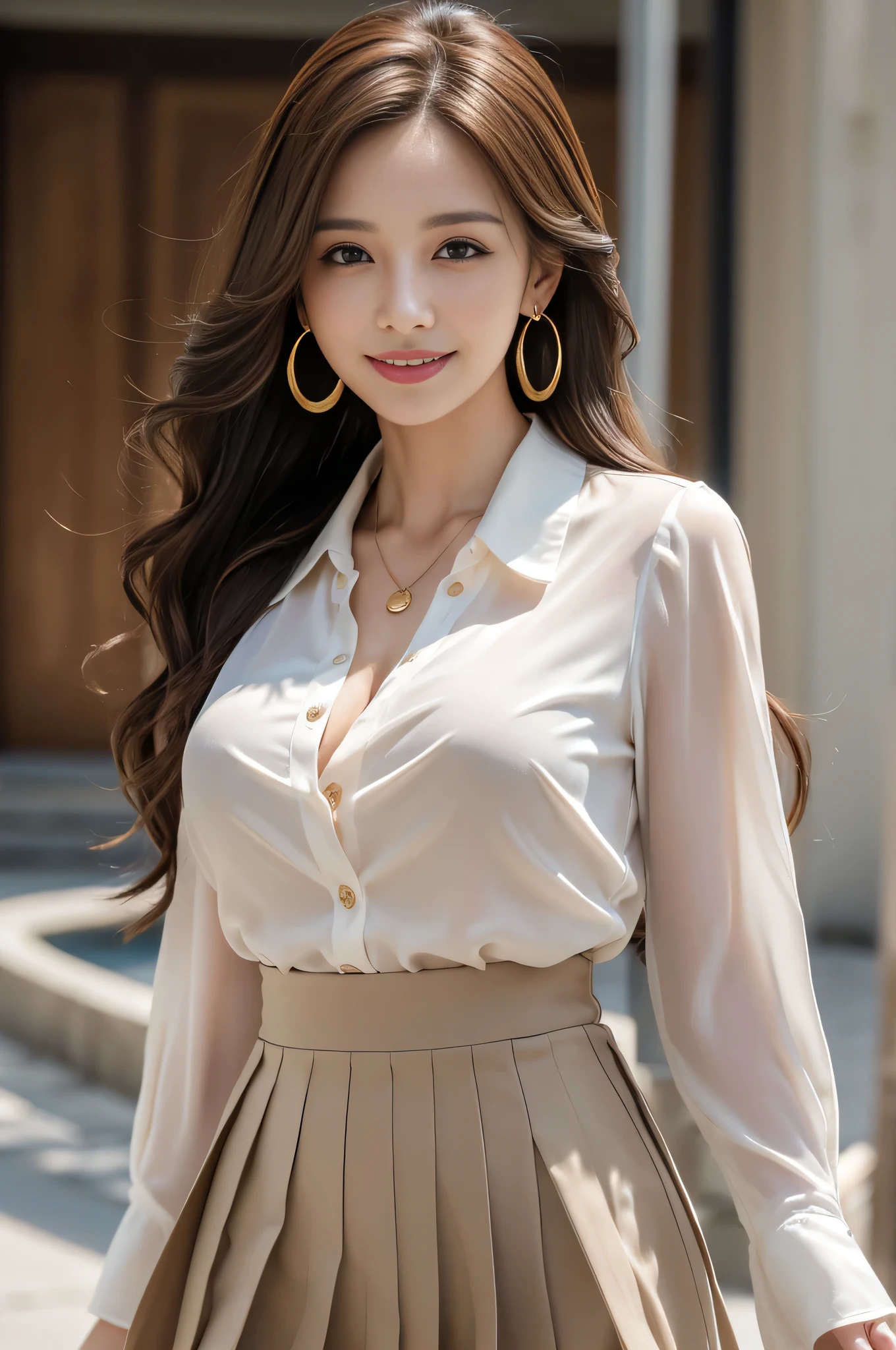 masutepiece, Best Quality, Photorealistic, Ultra-detailed, finely detail, High resolution, 8K Wallpaper, 1 beautiful woman,, light brown messy hair, in a business suit, sharp focus, Perfect dynamic composition, Beautiful detailed eyes, detailed hairs, Detailed realistic skin texture, Smiling, Close-up portrait, Model body type、((Super long brown hair:1.2))、((Hair with loose waves inside:1.2)),((shy smile:1.3)),((gold necklace_Large earrings:1.2)),full body shot、(((full figure supermodel standing, full body shot, entire body in frame))),((white long sleeve button up blouse_with collar_Remove up to the second button_brown pleated mini skirt:1.3)),((With a smile_running towards here_Long hair fluttering:1.3))