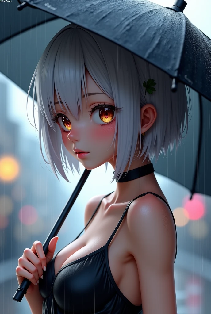 ((best quality)), ((masterpiece)), (detailed), 1girl, girl looking up in the middle of rain. White hair. Short hair. Pink eyes. Sad vibe. Sad face. Off shoulder sweeter. Cleavage.