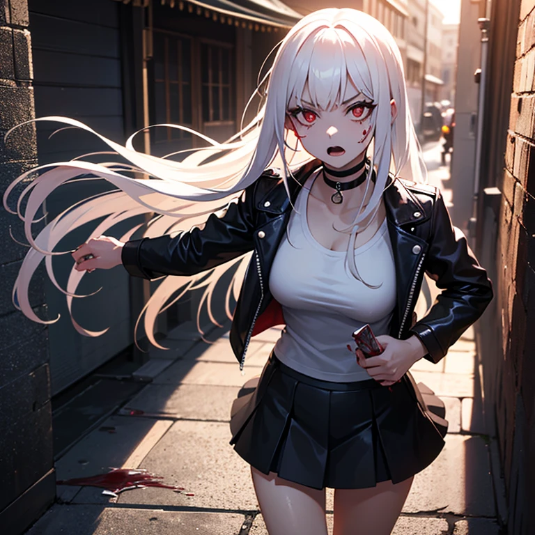 ((masterpiece, best quality, extremely detailed CG, unity 8k wallpaper,anatomically correct,ultra resolution)),Award-winning photography,(best illumination,Very Delicate and Beautiful),(one girl,solo,loli:1.5),Vampire,silver hair,(twintails:1.2),glowing red eyes,pale skin,(extremely beautiful and detailed face:1.2), (extremely beautiful and detailed eyes:1.2),perfect hands,delicate legs,((bat hair ornament)),(casual,fashion),pointy ears,((hoodie:1.45,sports shorts,sports shoes,black leather gloves)),looking at viewer,v,smiling,dark persona,evil,(cute:1.5),((night, dark atmosphere, dark theme, darkness:1.5)),dramatic shadows,(dimly lit:1.5),blood on face,blood on floor, blood on walls,(blood mist,blood splash:1.4),depth of field,(Bustling city:1.2,park:1.3,crowds of people:1.2), cloud, full moon, moon, moonlight, night sky, outdoors, blood moon, sky, star sky, starry sky,(perfect human body structure with maximum precision)
