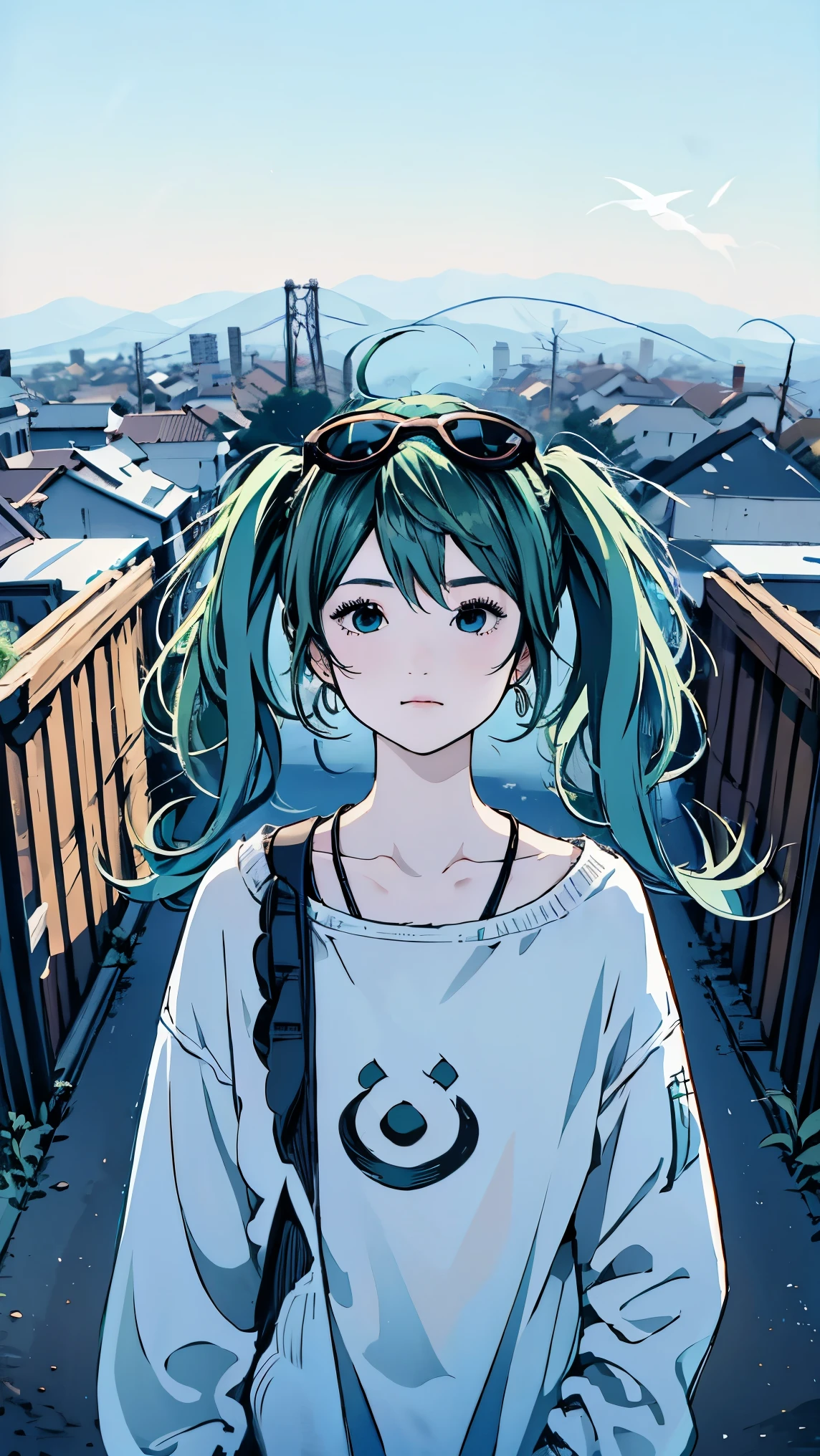 fisheye lens、shot from above、Famous Paintings、Optimal quality、Hatsune Miku、Very depressed、 green hair、Look down、profile in landscape orientation from、upper body、 moderate bust、Portrait inspired by Minetaro Mochizuki、 backlit、Asahi、