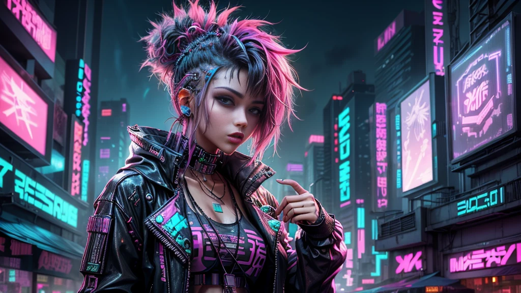 cyberpink girl, alley, night, neon lights, billboard, attractive cyberpunk outfit, shaved head, neon hair, cyberpunk glasses, dystopian