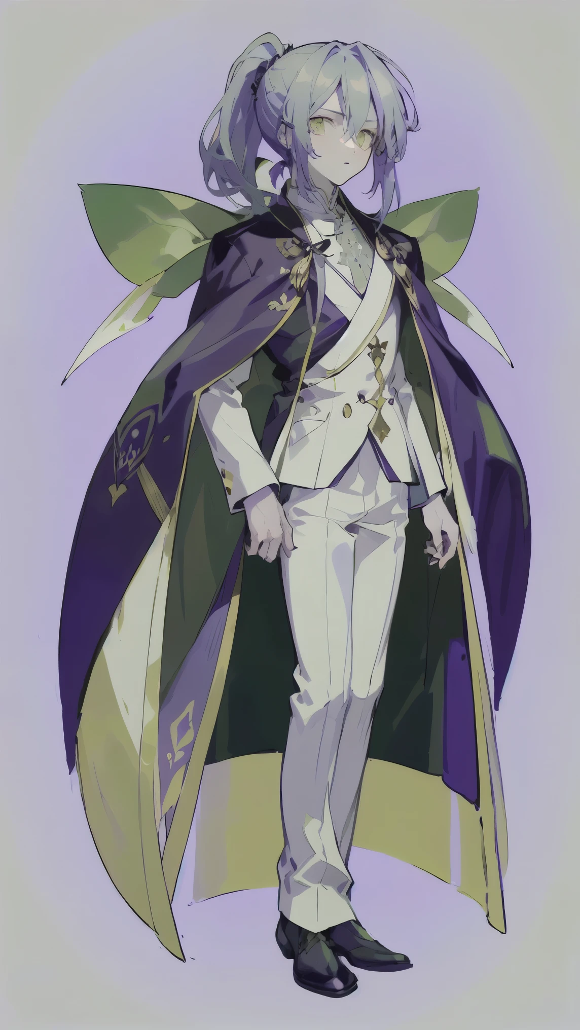 Masterpiece, perfect face, ultra high-quality, highest quality, one young male character, long hair, ponytail , hair reaching down to her feet, anime-style, purple hair hair, (((lilac hair hair:1.5))), green eyes, (((green eyes:1.5))), bangs, pure white skin, original character, intricate design, unique design, sacred image, shrine priest, droopy eyes, long eyelashes, (((handsome and beautiful boy-like appearance:1.8))), skinny, slightly starving, full-body drawing, commission, potential adoption, sacred outfit, full-body, background , ((priest robe:1.3)), ((elegant tailored suit:1.3)), ((loose male-style clothing:1.5)), all white outfit , white background, full-body, all decorations are white or silver, ((androgynous and elegant appearance:1.5)), green eyes, slender hands, skeleton, pure white outfit, unnaturally pale skin, pure white skin, white skin color, priest , sacred, (((purple hair hair:1.5))), (((green eyes:1.5))), (((white background:1.5))) , human only