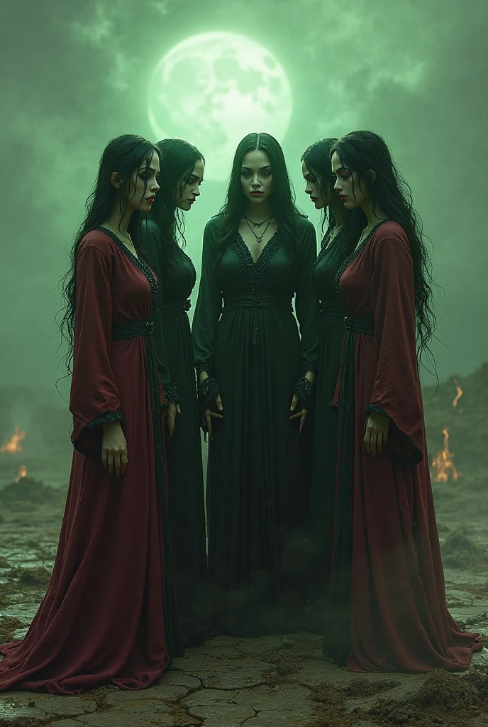 realistic group of 5 vampire sorceresses, ultra-sexy, white and black hair, casting spells, skull at their feet, ruined castle, mist, (best quality,4k,8k,highres,masterpiece:1.2),ultra-detailed,(realistic,photorealistic,photo-realistic:1.37),dark fantasy,dramatic lighting,moody atmosphere,chiaroscuro,cinematic,intricate details,vivid colors,dramatic poses