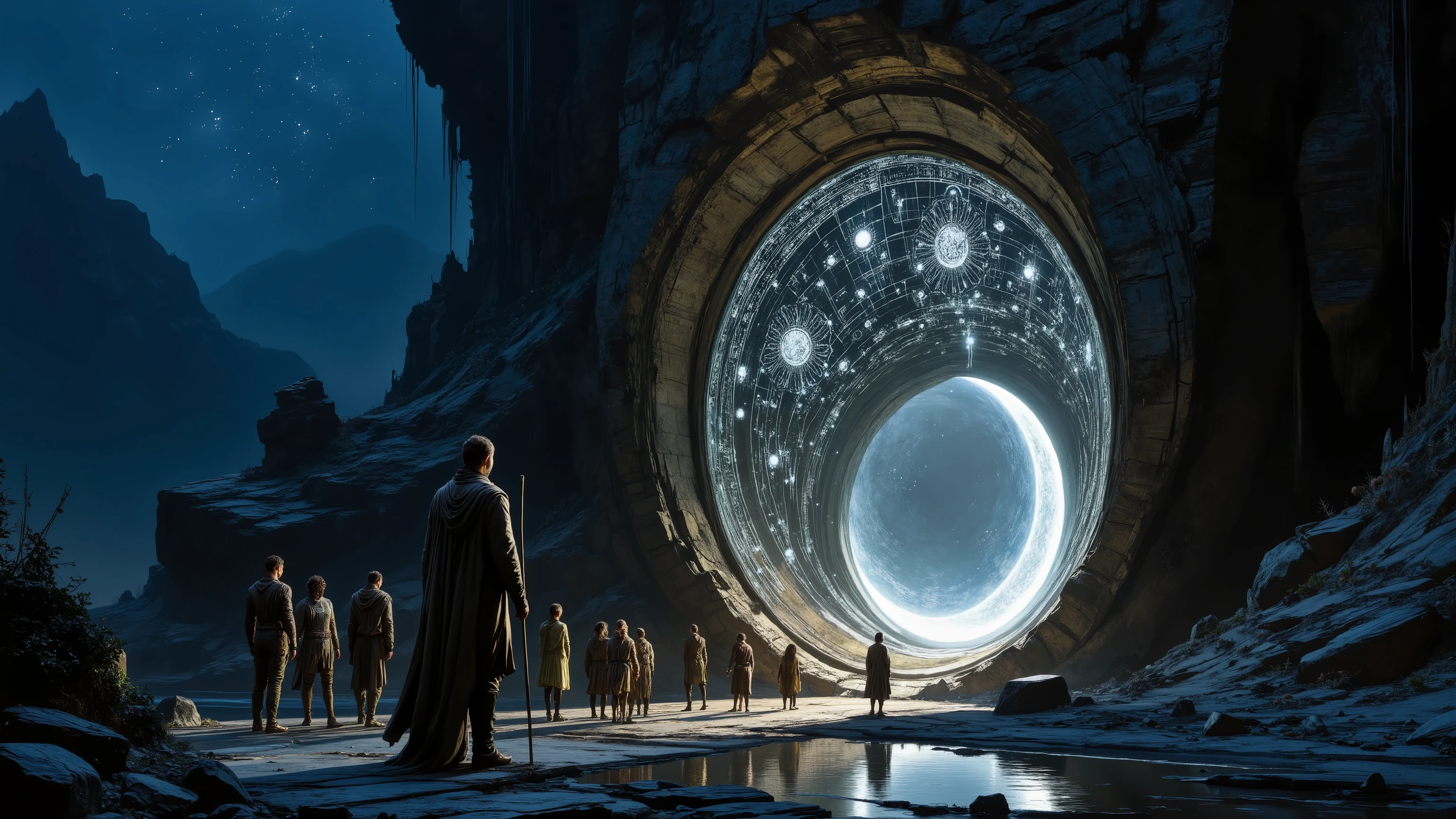 Create an image of an ancient, mystical stone door embedded in a mountainside, glowing with intricate Elven runes as it is activated by the word "Mellon." The door is framed by towering, weathered rock, with faint traces of ivy and moss creeping along its edges. Delicate silver lines form an elaborate design, including a crescent moon, trees, and a crown, all shining with an ethereal light.
Gandalf, cloaked and holding his staff, stands before the door, his face illuminated by the soft glow of the runes. Behind him, the remaining Fellowship of eight companions—including four hobbits—watches intently. Frodo, Sam, Merry, and Pippin stand close together, their expressions a mix of wonder and unease. Aragorn and Boromir remain alert, while Legolas, Gimli, and a wary-looking Gandalf focus on the doorway. The night sky is deep and star-speckled, casting a quiet, mysterious atmosphere. The still water of the nearby lake reflects the door’s luminescence, adding to the scene’s sense of magic and ancient power.