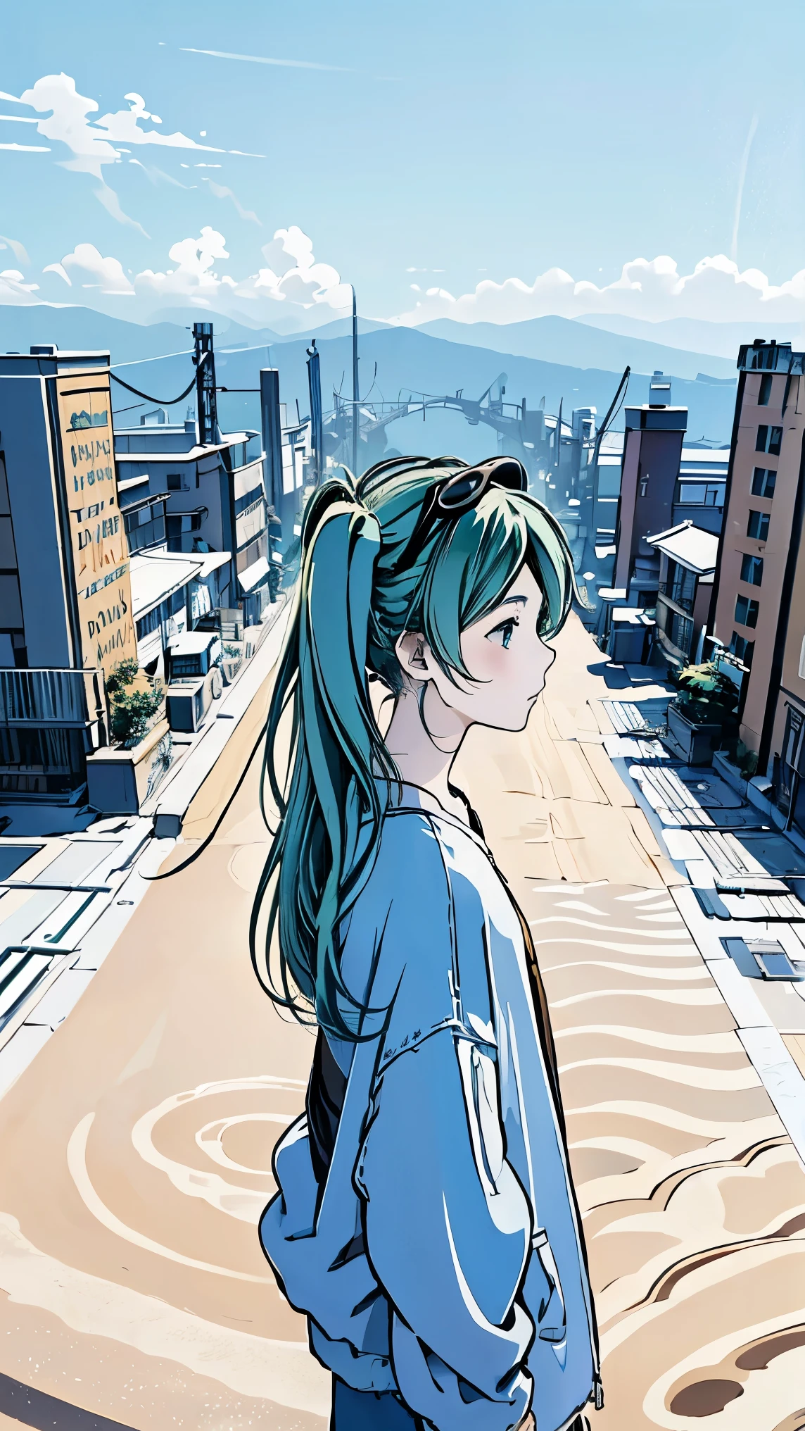 fisheye lens、shot from above、Famous Paintings、Optimal quality、Hatsune Miku、Very depressed、 green hair、Look down、profile in landscape orientation from、upper body、 moderate bust、Portrait inspired by Minetaro Mochizuki、 backlit、Asahi、Sand Planet、sing、