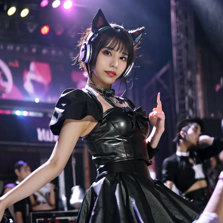 ((8k, RAW photos, best image quality, masterpiece,:1.2)), (realistic, photorealistic: 1.3),(depth of field: 1.2),18 years old beautiful Japan girl, dynamic angle,(1 person:1.3),1 girl,solo,sci-fi,futuristic idol, colorful and high-tech idol dress, glowing neon light idol dress, holographic clothing, reflective dress, techwear, volumetric lighting, glowing eyes, multicolored hair, flowing hair, (gradient neon color: 1.5), flash, real skin, HDR, fisheye, all-out smile, microphone, cat ear headphones, neon lights, neon rim lights, glowing neon on stage, laser beam on stage, psyllium, spotlight, cowboy shot, moody lighting, concert venue, (backdrop of packed arena seats: 1.5), (singing with a smile holding microphone on stage: 1.5),complex details, cyberpunk, (exploding pixel particles: 1.2),cinematic lighting, dynamic lighting