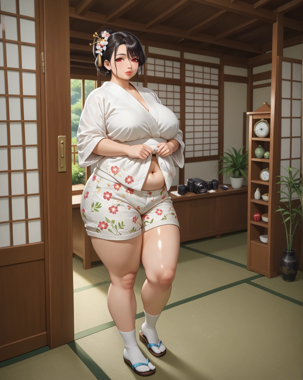 Bbw japanese like girl holding her huge fat chubby soft belly, she's sitting next to a dragon skull. Pretty face, red cheeks, très détaillée, kimono, gros ventre, fat face