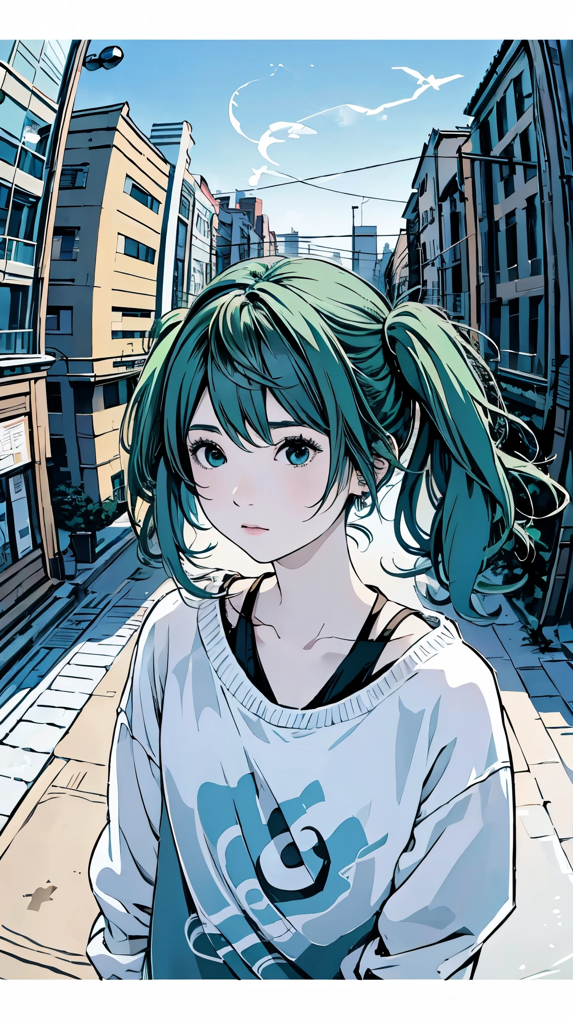 fisheye lens、shot from above、Famous Paintings、Optimal quality、Hatsune Miku、Very depressed、 green hair、Look down、profile in landscape orientation from、upper body、 moderate bust、Portrait inspired by Minetaro Mochizuki、 backlit、Asahi、Sand Planet、sing、