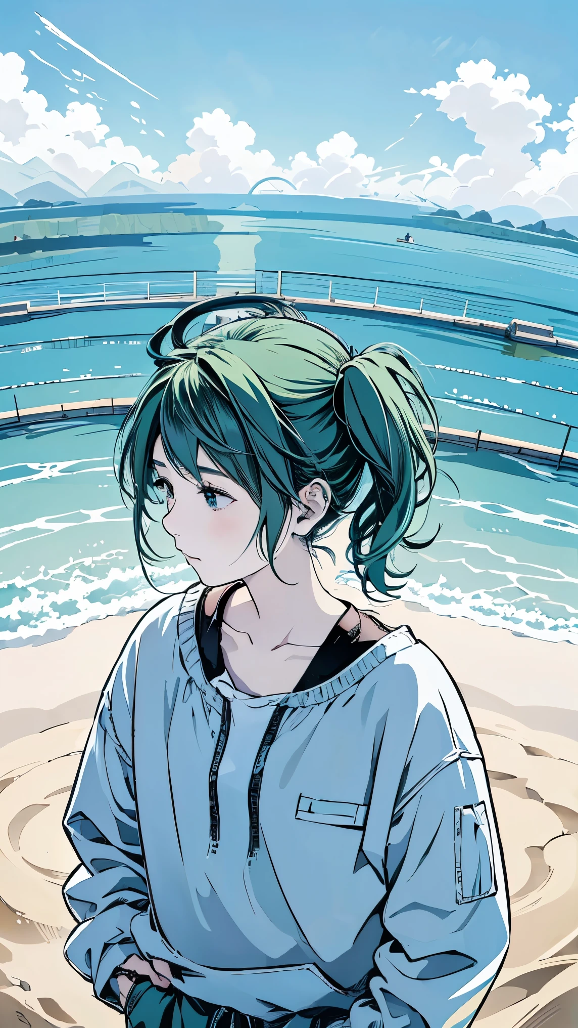 fisheye lens、shot from above、Famous Paintings、Optimal quality、Hatsune Miku、Very depressed、 green hair、Look down、profile in landscape orientation from、upper body、 moderate bust、Portrait inspired by Minetaro Mochizuki、 backlit、Asahi、Sand Planet、sing、