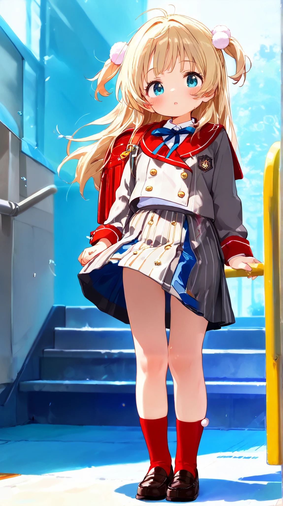 school uniform,grey jacket,vertical-striped jacket,red sailor collar,neck ribbon,pom pom (clothes),white shirt,long sleeves,red wrist cuffs,double-breasted,grey skirt,pleated skirt,vertical-striped skirt,red socks,loafers
, upskirt, standing, full body