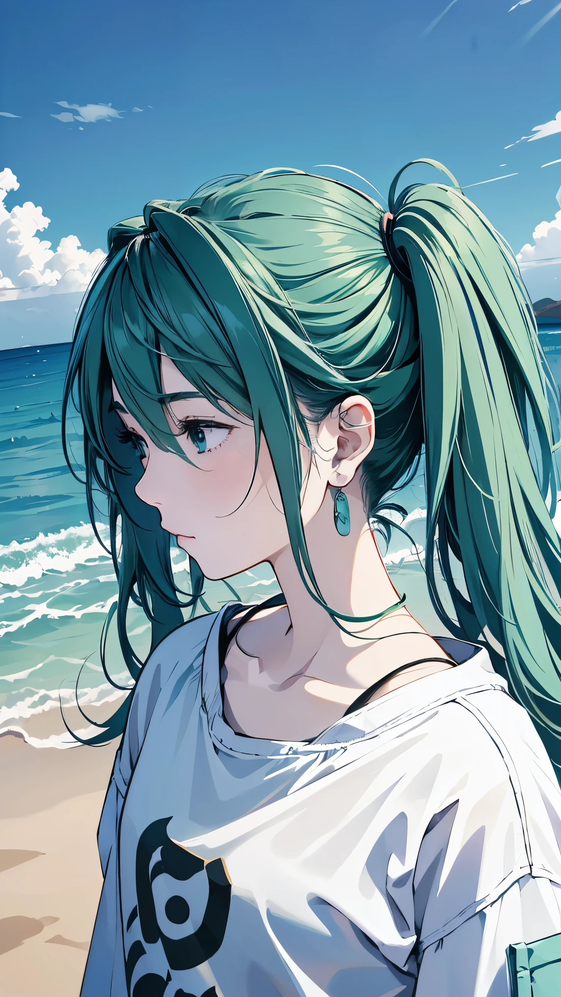 fisheye lens、shot from above、Famous Paintings、Optimal quality、Hatsune Miku、Very depressed、 green hair、Look down、profile in landscape orientation from、upper body、 moderate bust、Portrait inspired by Minetaro Mochizuki、 backlit、Asahi、Sand Planet、sing、