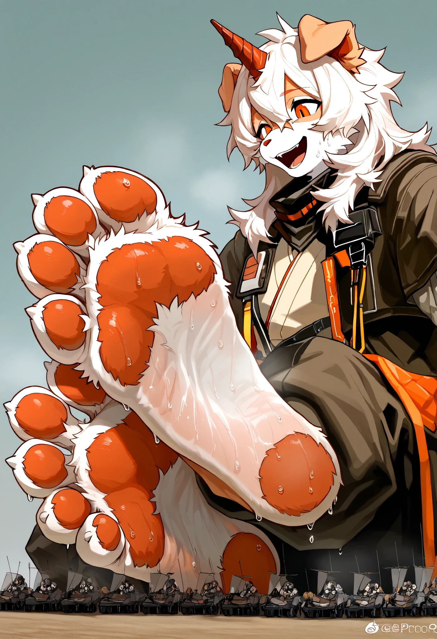score_9, score_8_up, score_7_up, score_6_up, furry, anthro, solo, hung, perro, arknights, two-tone fur, medium hair, white hair, single horn, orange eyes (side view of a closeup hung foot: 1.2), (ultra closeup of a hung foot only: 1.3), (furry hung: 1.1), simple background, (ultra closeup of hung feet: 1.2), (foreshortening: 1.2), (closeup hung foot: 1.2), sitting, (showing paws: 1.1), (macro size: 1.2), army,sitting, laughing, sweaty,Strong muscles,Japanese Kimono