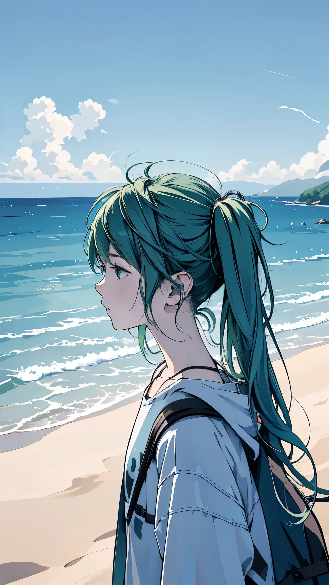 fisheye lens、shot from above、Famous Paintings、Optimal quality、Hatsune Miku、Very depressed、 green hair、Look down、profile in landscape orientation from、upper body、 moderate bust、Portrait inspired by Minetaro Mochizuki、 backlit、Asahi、Sand Planet、sing、