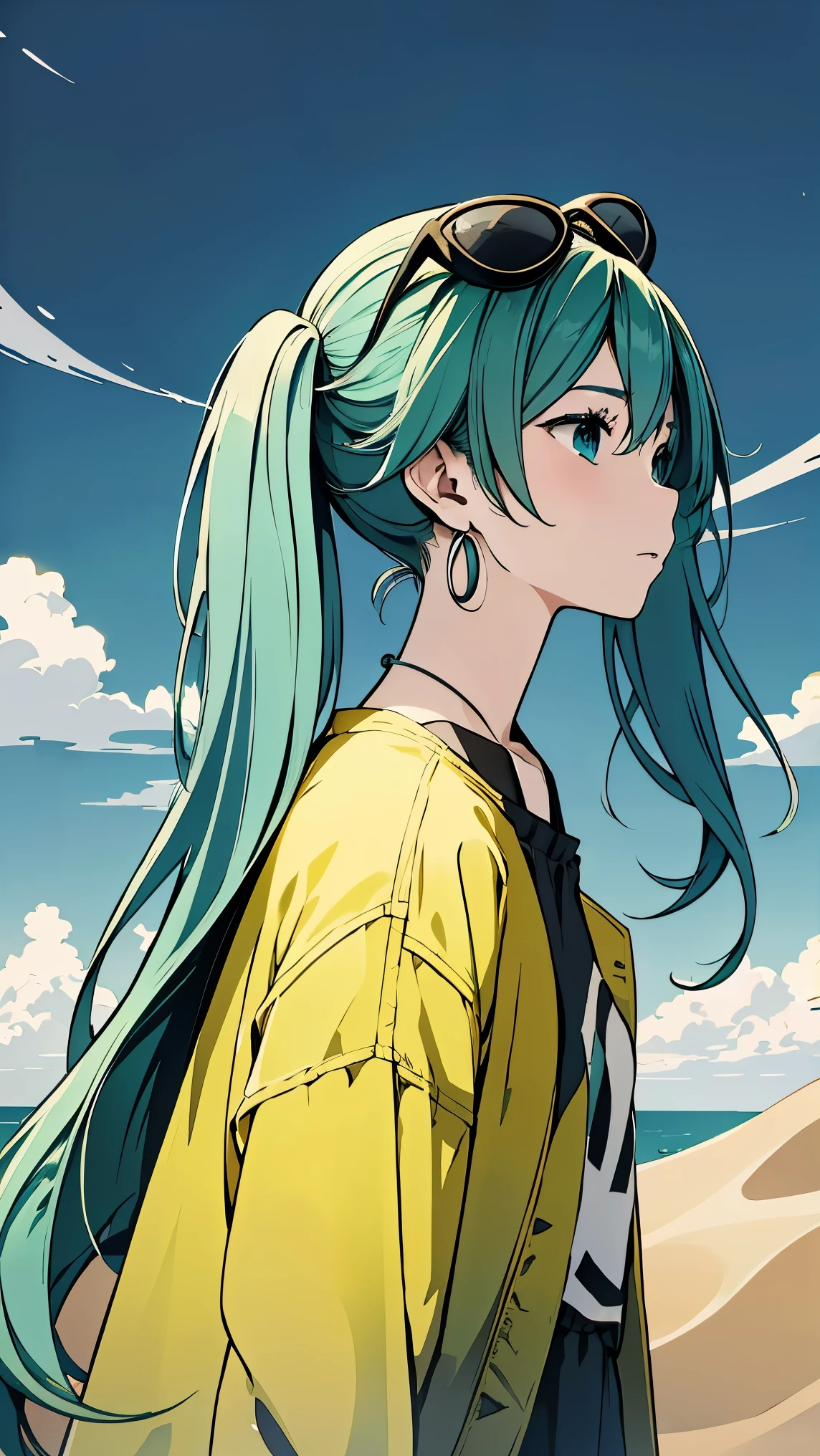 fisheye lens、shot from above、Famous Paintings、Optimal quality、Hatsune Miku、Very depressed、 green hair、Look down、profile in landscape orientation from、upper body、 moderate bust、Portrait inspired by Minetaro Mochizuki、 backlit、Asahi、Sand Planet、sing、