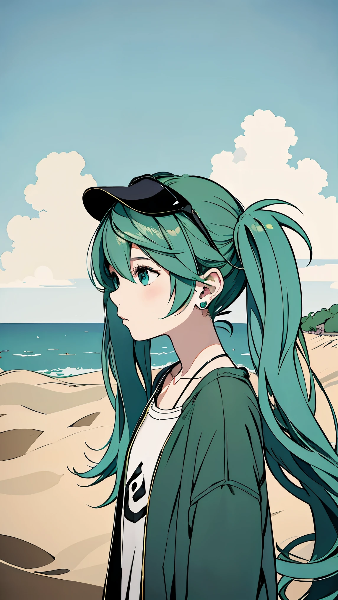fisheye lens、shot from above、Famous Paintings、Optimal quality、Hatsune Miku、Very depressed、 green hair、Look down、profile in landscape orientation from、upper body、 moderate bust、Portrait inspired by Minetaro Mochizuki、 backlit、Asahi、Sand Planet、sing、
