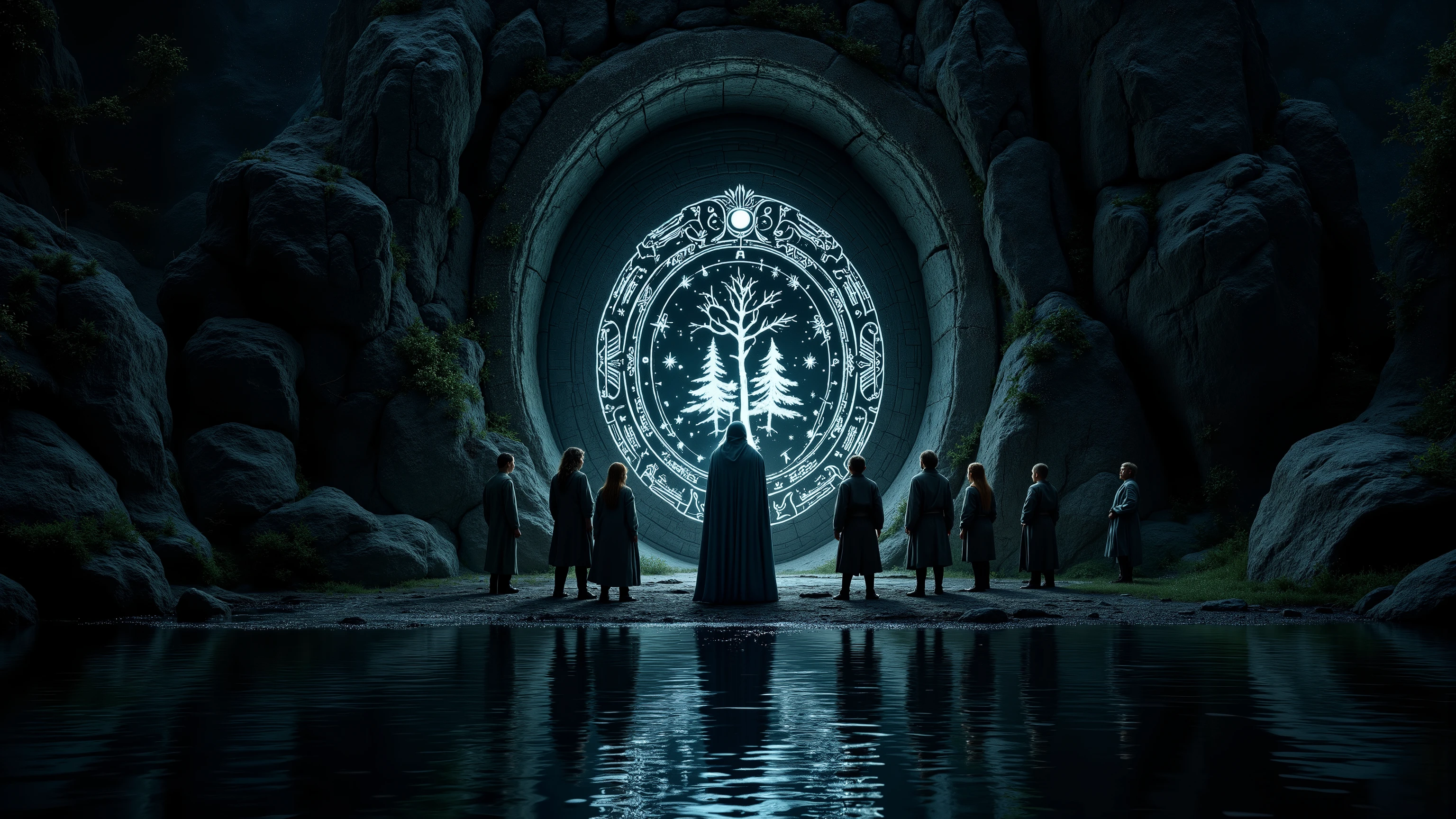 Create a cinematic photorealistic image of an ancient, mystical stone door embedded in a mountainside, glowing with intricate Elven runes as it is activated by the word "Mellon." The door is framed by towering, weathered rock, with faint traces of ivy and moss creeping along its edges. Delicate silver lines form an elaborate design, including a crescent moon, trees, and a crown, all shining with an ethereal light.

Gandalf, cloaked and holding his staff, stands before the door, his face illuminated by the soft glow of the runes. Behind him, the remaining Fellowship of eight companions—including four hobbits—watches intently. Frodo, Sam, Merry, and Pippin stand close together, their expressions a mix of wonder and unease. Aragorn and Boromir remain alert, while Legolas, Gimli, and a wary-looking Gandalf focus on the doorway. The night sky is deep and star-speckled, casting a quiet, mysterious atmosphere. The still water of the nearby lake reflects the door’s luminescence, adding to the scene’s sense of magic and ancient power.