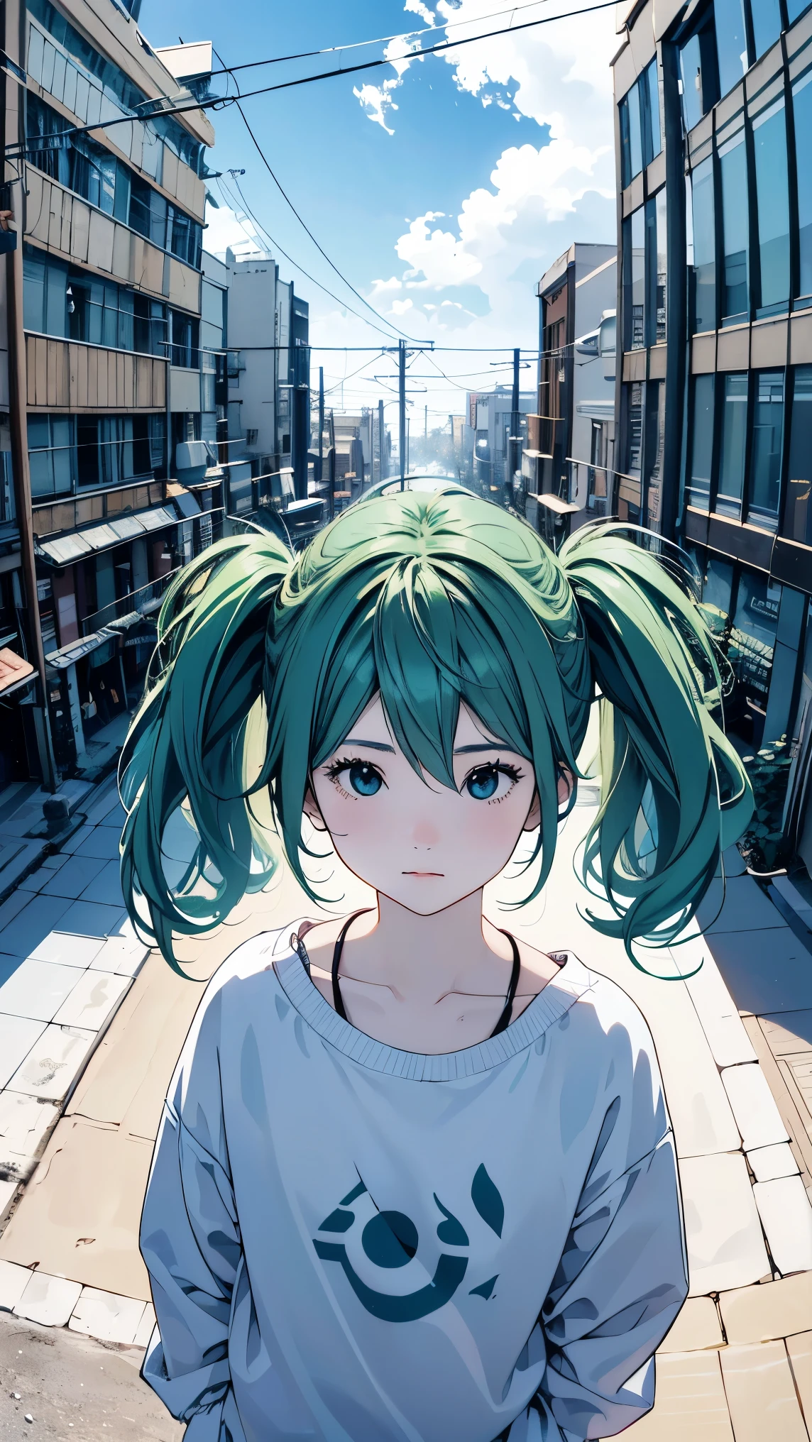 fisheye lens、shot from above、Famous Paintings、Optimal quality、Hatsune Miku、Very depressed、 green hair、 looks up、profile in landscape orientation from、upper body、 moderate bust、Portrait inspired by Minetaro Mochizuki、 backlit、Asahi、Sand Planet、sing、