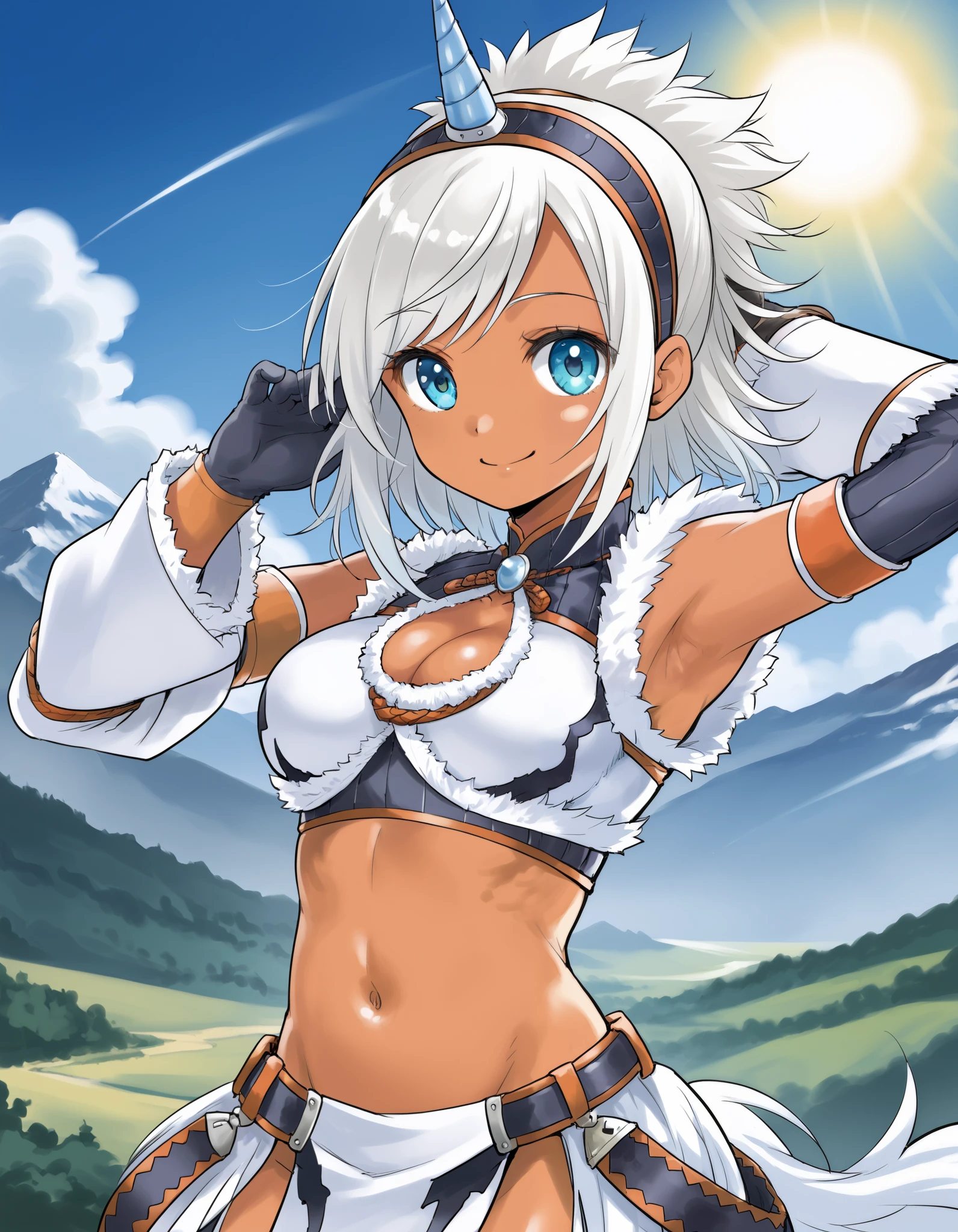 best quality, integrated scenery, integrated background, extremely delicate and beautiful, meticulous details, good composition, , cute face, perfect face,( score_9:0.9), score_8_up, score_7_up,rating_safe, anime style,(zPDXL), Armor , ung_girl, Alone, single_purple_horn Hairband, Blue Eyes, , belly button,large_breasts, white loincloth, white kimono sleeve , smile, mountain background, monochrome, white bandeau, armpit,raise_arm,(abs:0.6),smile,spiky_bangs,sunlight,sun_tan_skin