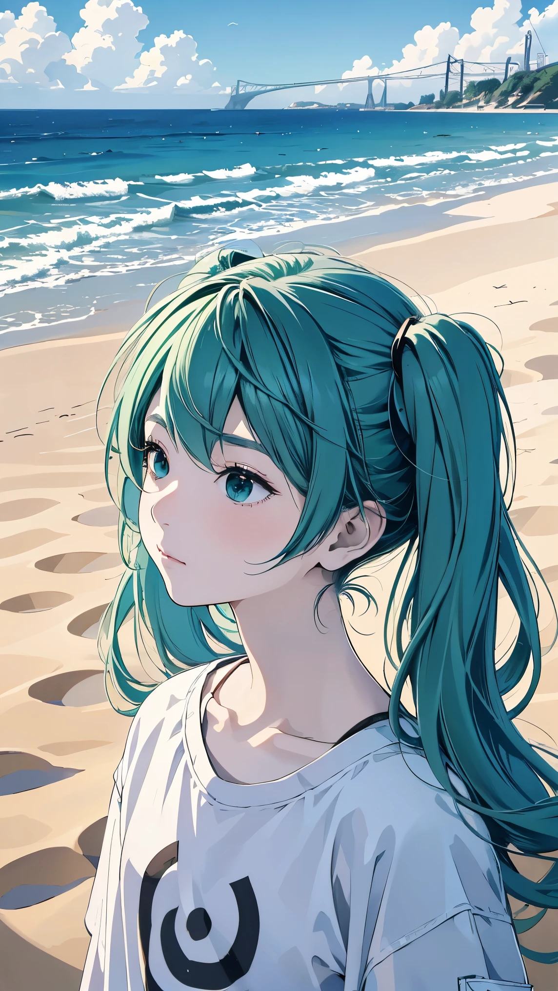 fisheye lens、shot from above、Famous Paintings、Optimal quality、Hatsune Miku、Very depressed、 green hair、 looks up、profile in landscape orientation from、upper body、 moderate bust、Portrait inspired by Minetaro Mochizuki、 backlit、Asahi、Sand Planet、sing、