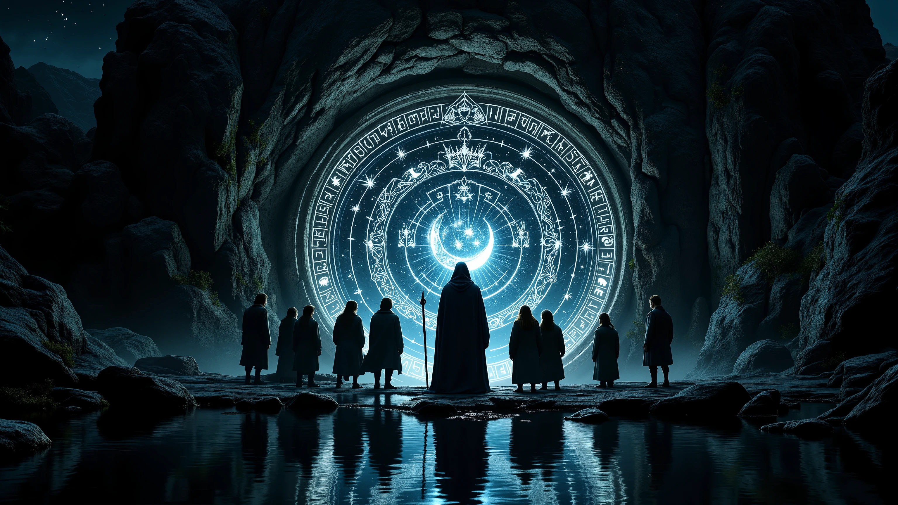 Create a cinematic photorealistic image of an ancient, mystical stone door embedded in a mountainside, glowing with intricate Elven runes as it is activated by the word "Mellon." The door is framed by towering, weathered rock, with faint traces of ivy and moss creeping along its edges. Delicate silver lines form an elaborate design, including a crescent moon, trees, and a crown, all shining with an ethereal light.

Gandalf, cloaked and holding his staff, stands before the door, his face illuminated by the soft glow of the runes. Behind him, the remaining Fellowship of eight companions—including four hobbits—watches intently. Frodo, Sam, Merry, and Pippin stand close together, their expressions a mix of wonder and unease. Aragorn and Boromir remain alert, while Legolas, Gimli, and a wary-looking Gandalf focus on the doorway. The night sky is deep and star-speckled, casting a quiet, mysterious atmosphere. The still water of the nearby lake reflects the door’s luminescence, adding to the scene’s sense of magic and ancient power.