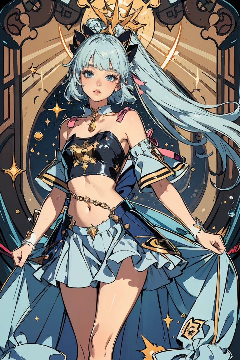 Libra、tarot cards,Hands together,Vulcan salute,attention, There is a halo behind the head,finely_detailed, perfect_Body, perfect_Eye, perfect_Face, perfect_finger,Yu-Gi-Oh card game style、(((Voluminous breasts 1.8)))、(((micro bikini 1.4)))、(Saggy breasts 1.4)、(Cleavage 1.4),Seductive pose、Random Pause、cowboy shot、
(The Libra symbol is depicted on the card frame 1.3)、Three-dimensional depiction that seems to emerge from the card, ultra-detailed depiction, artistic、A pose that makes it seem as if the person is coming out of the card、The card frames are drawn in super-beautiful detail, perfect anatomy, perfect fingers, super beautiful faces, stunning beauties aged 16 to 30、Greek mythology sculpture style background、Super beautiful eyes, and the card frame features illustrations of the moon, sun, stars, and golden coins、The card frame features an illustration of a sword and shield、Card colors are random、Depicts the symbol of Libra、Write the letter Libra、Write Libra on the top of the tarot card.May the person who sees the tarot card be happy、Write the word "Libra" in embossed letters on the tarot card、Magic wand, spear, bow and arrow, guitar, fire, water, earth, wind, dagger, pen, sword, crossbow, large shield, gloves, fishnet stockings、Flowers, leaves, good luck, four leaf clover、Scattering jewels、Diamond, ruby, sapphire, topaz, blue sapphire, pearl, crystal,Virgo sign tattoo on body、Random hair color、Rainbow, red, blue, orange, yellow, purple, green, gold, silver, light blue, brown, white, yellow-green, navy blue, pink,