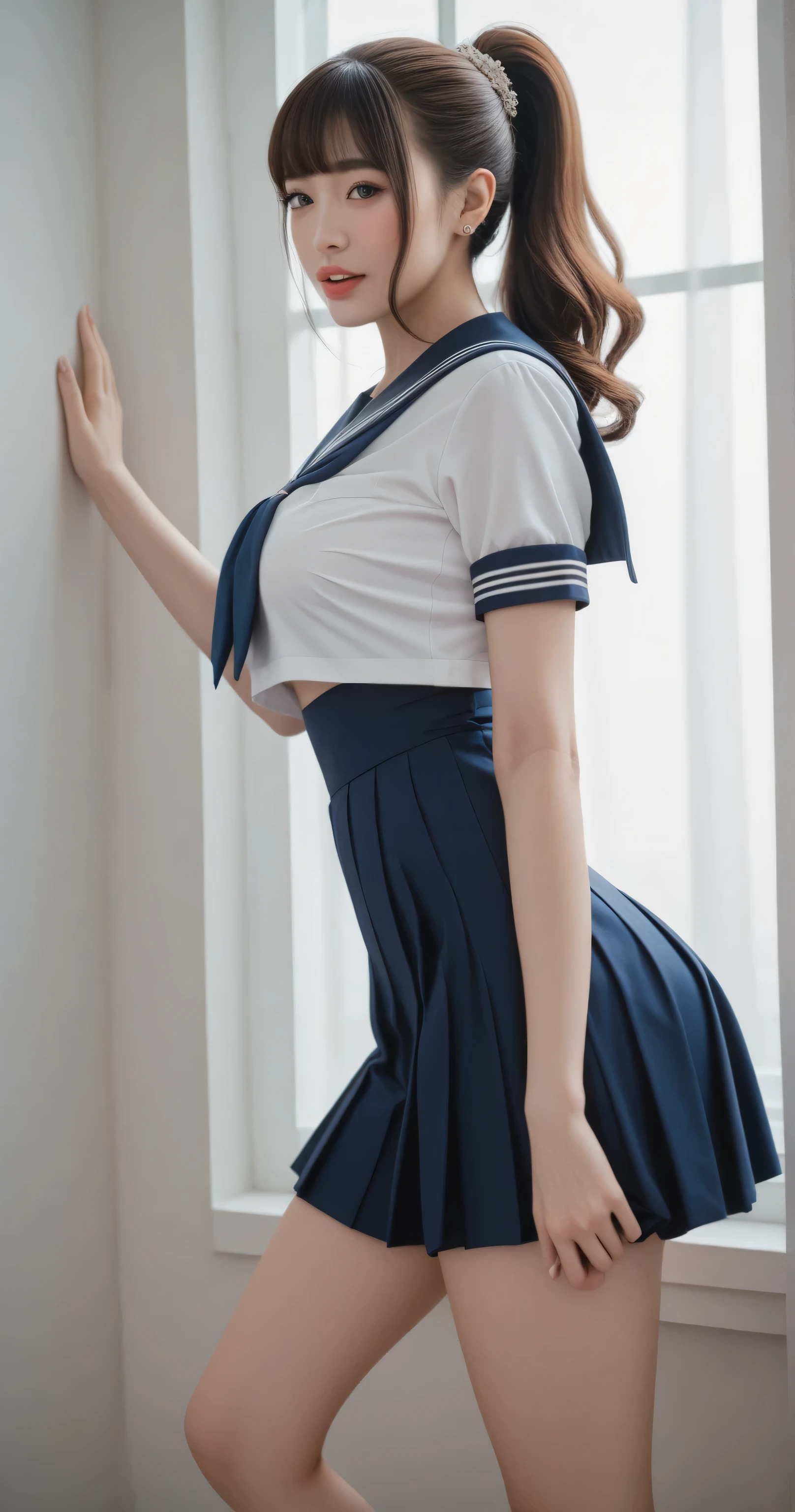 Arafed asian woman in a sailor outfit posing by a window - SeaArt AI