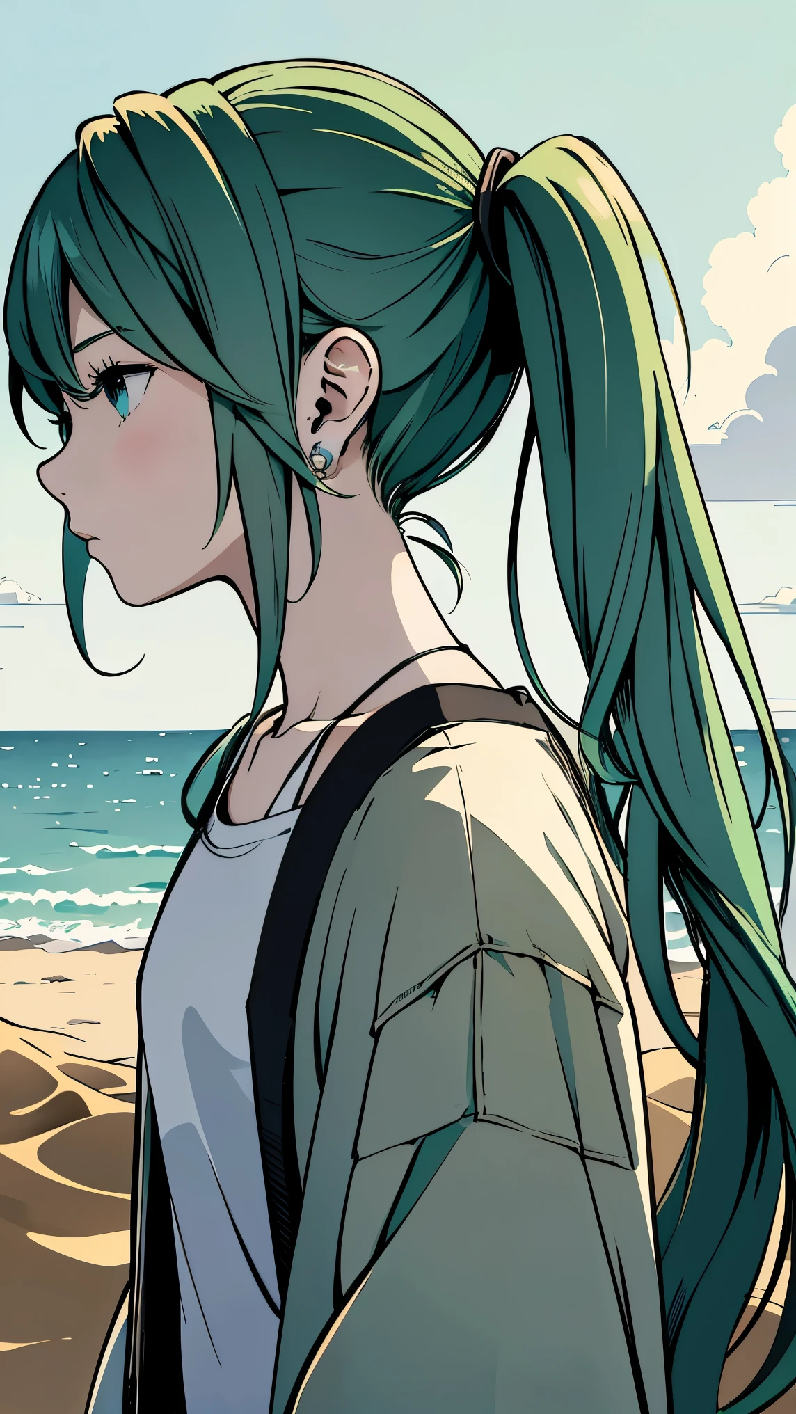 fisheye lens、shot from above、Famous Paintings、Optimal quality、Hatsune Miku、Very depressed、 green hair、 looks up、profile in landscape orientation from、upper body、 moderate bust、Portrait inspired by Minetaro Mochizuki、 backlit、Asahi、Sand Planet、sing、