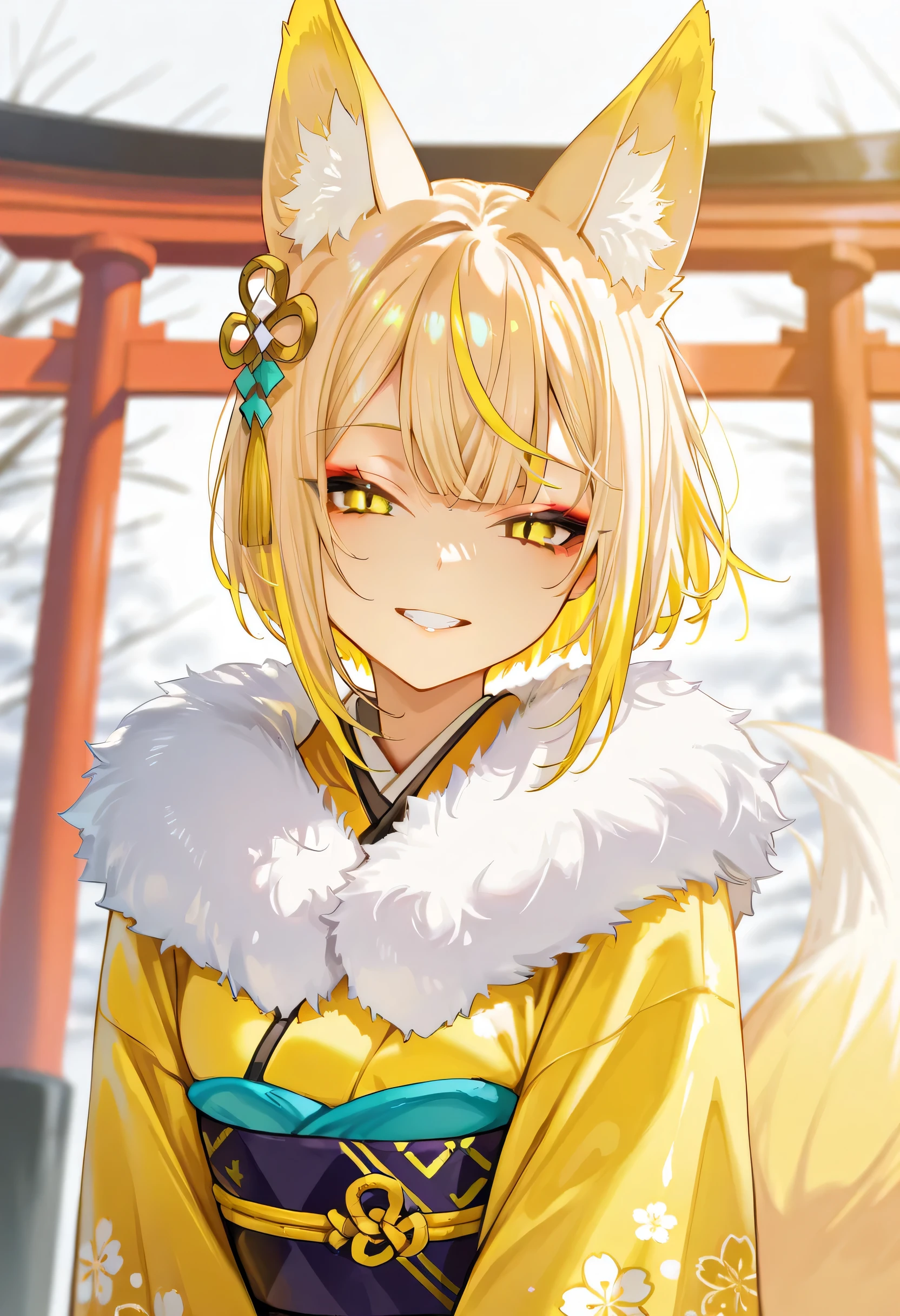 aruhshura, detailed eyes, 1girl, tail, animal ears, blonde hair, fox tail, fox ears, solo, fur trim, yellow eyes, bangs, shiny hair, kimono, hair ornament, shiny, multicolored hair, long sleeves, short hair, teeth, parted lips, wide sleeves, grin, upper body, torii