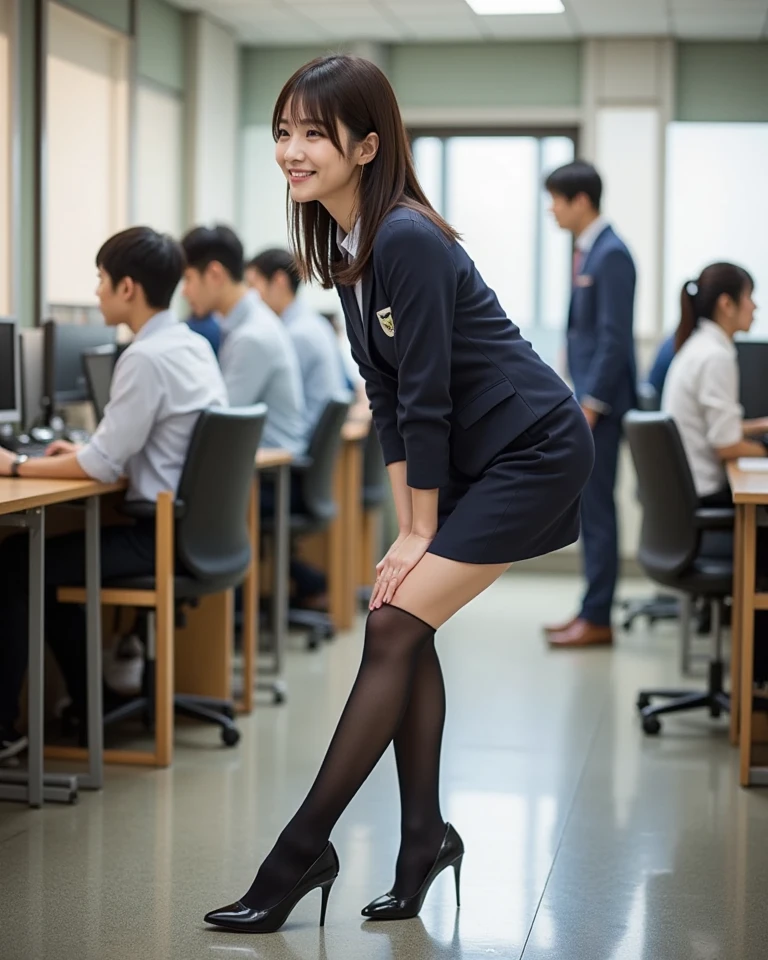 alone, solo, woman in her 20s posing for photo, victory, tsundere, knotted, office lady, suit, blue mini skirt, anger, small, glasses, slim girl model photo, physical: tiniest mid-life ever, female model, Japan female fashion model, (8k, raw photo, best quality, masterpiece: 1.2), (realistic, photorealistic: 1.37), super detailed, Ultra high resolution, summer, office district, standing, full body, (((SEXY)))