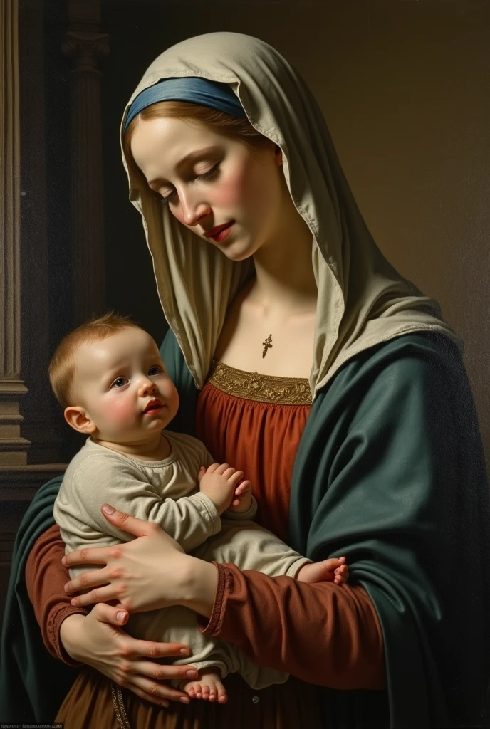 Virgin of the Rosary with a large Rosary in her hand and the baby Jesus in her arms